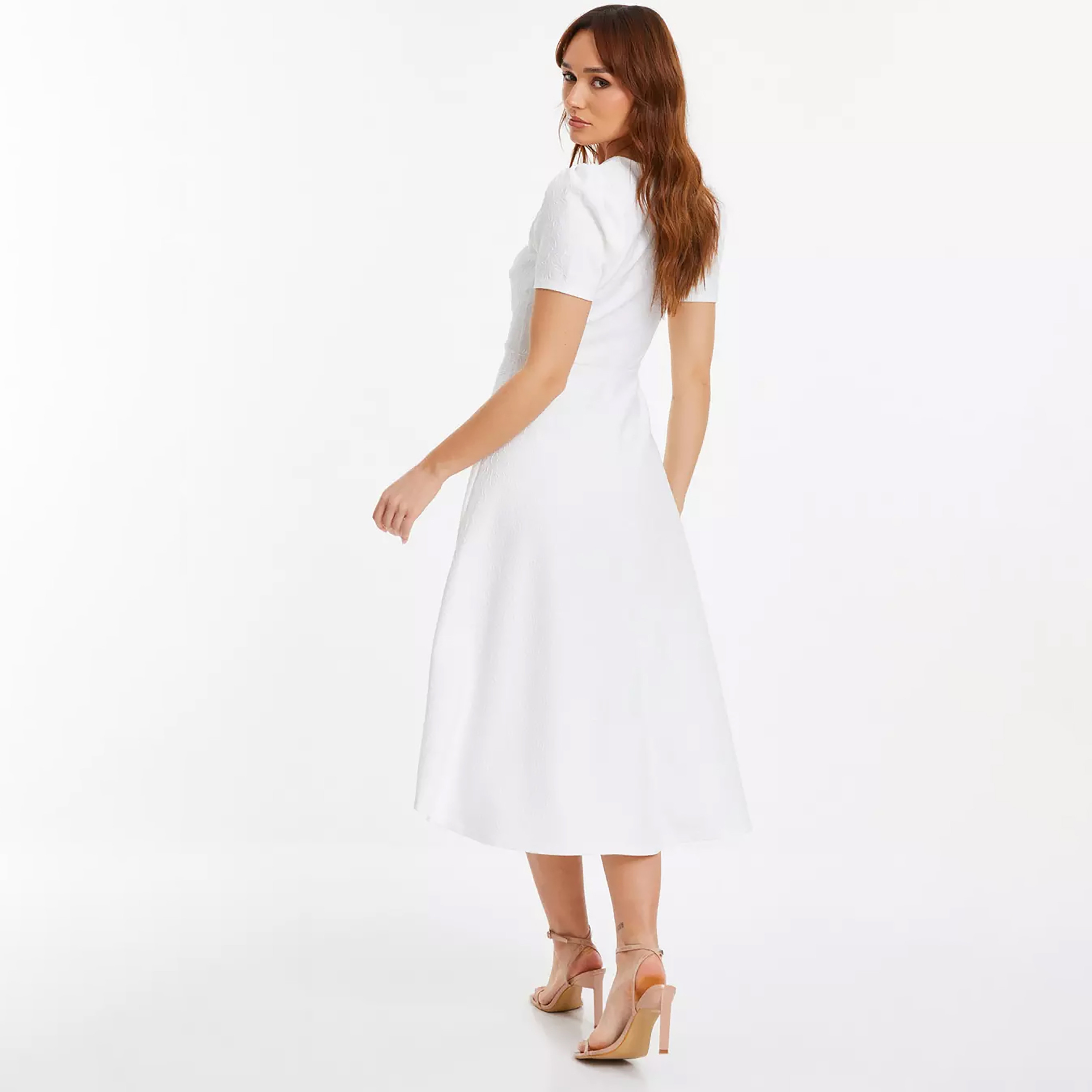 Quiz White Puff Sleeves Textured Dip Hem Midi Dress in Jacquard-women-clothing-dresses-image-3