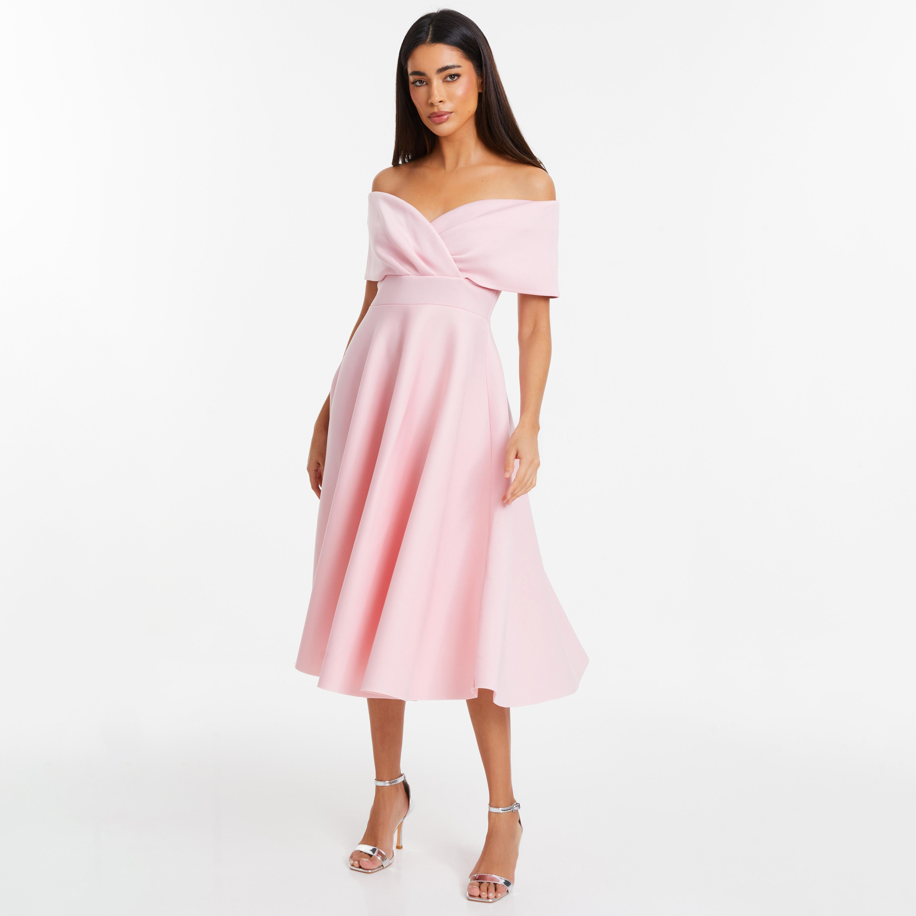 فستان ميدي ملفوف برقبة باردو سادة من كويز-women-clothing-dresses-image-2