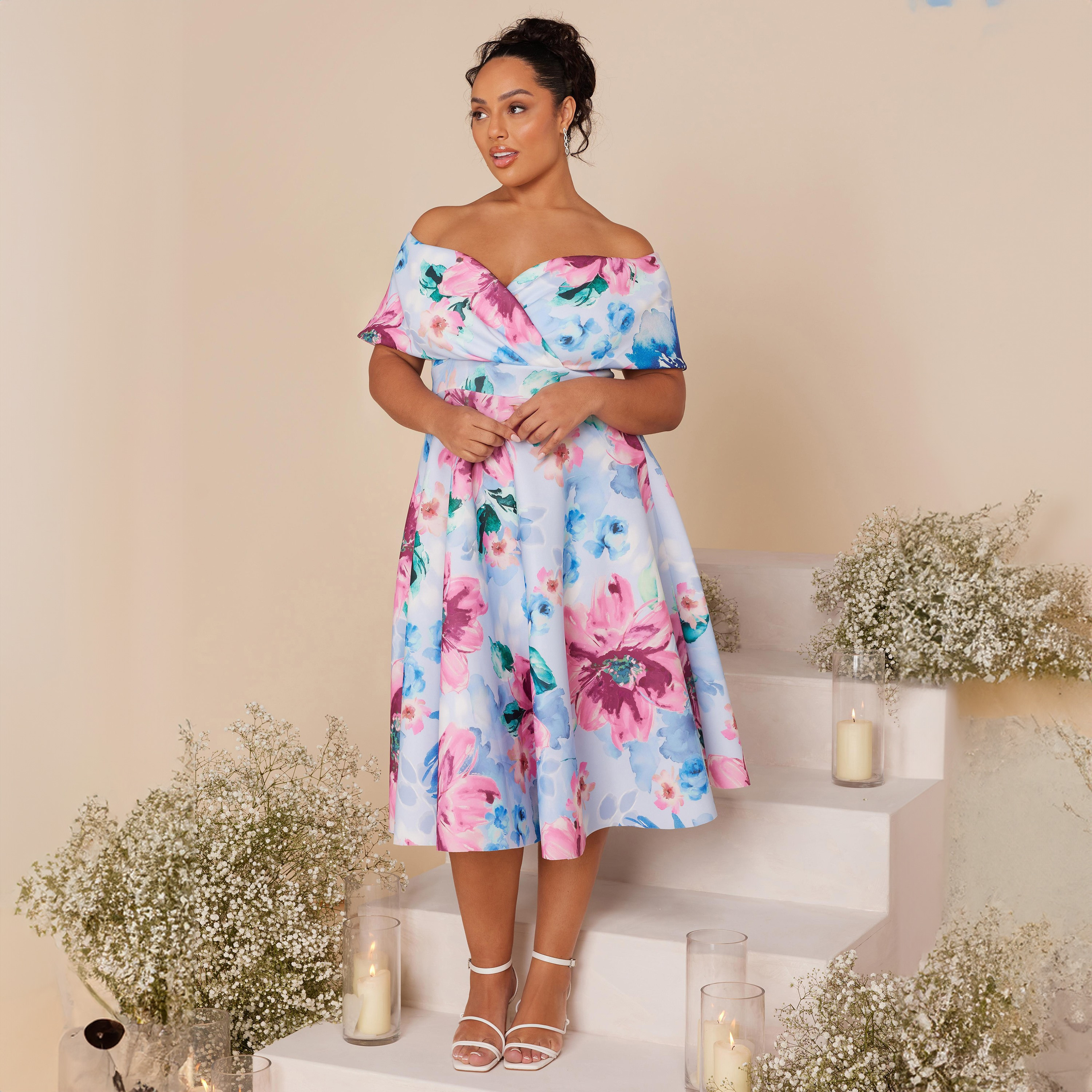 Quiz Floral Bardot Neck Skater Midi Dress-women-clothing-dresses-image-2