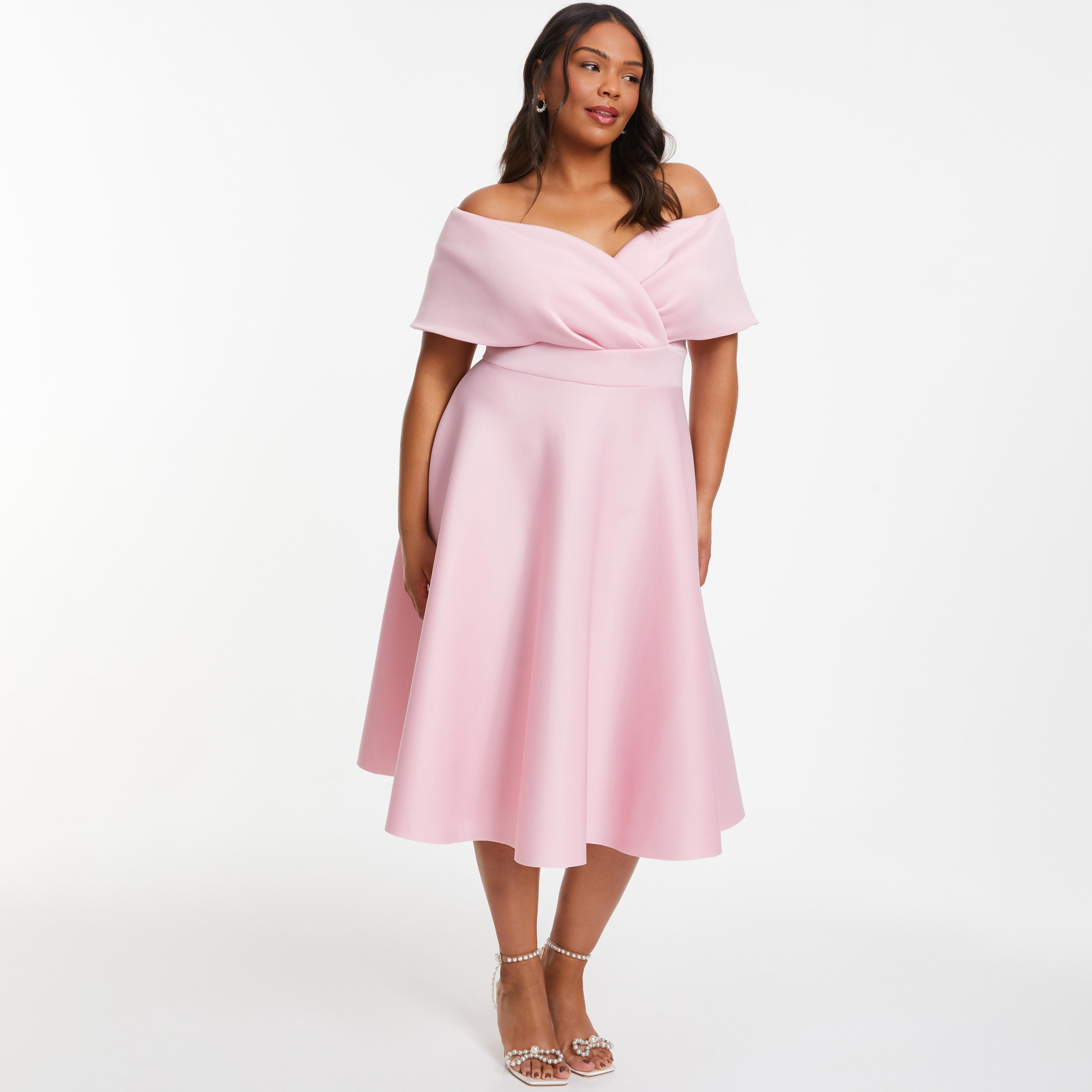 فستان ميدي سكيتر برقبة باردو سادة من كويز-women-clothing-dresses-image-1