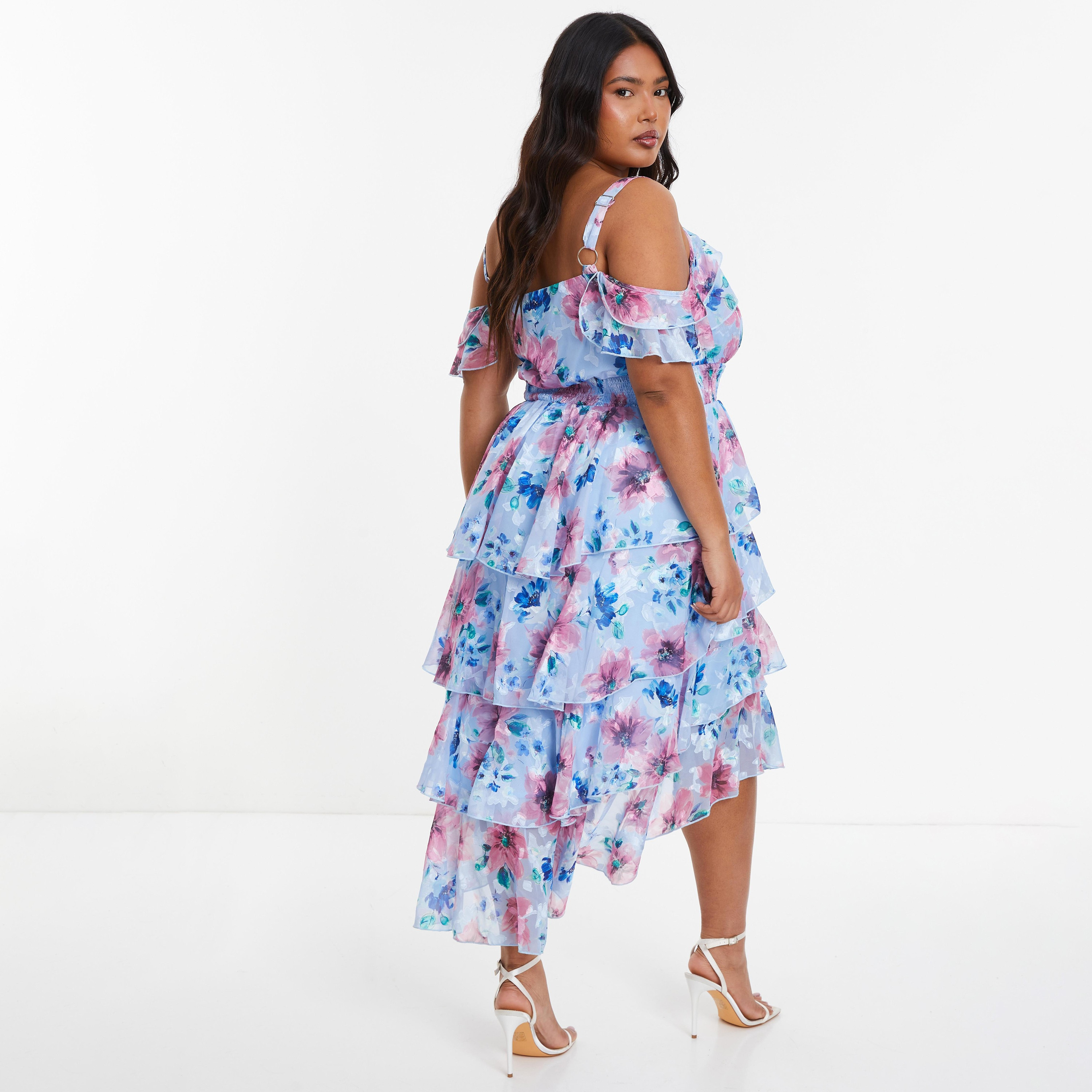 Quiz Floral Cold Shoulder Tiered Midi Dress-women-clothing-dresses-image-4