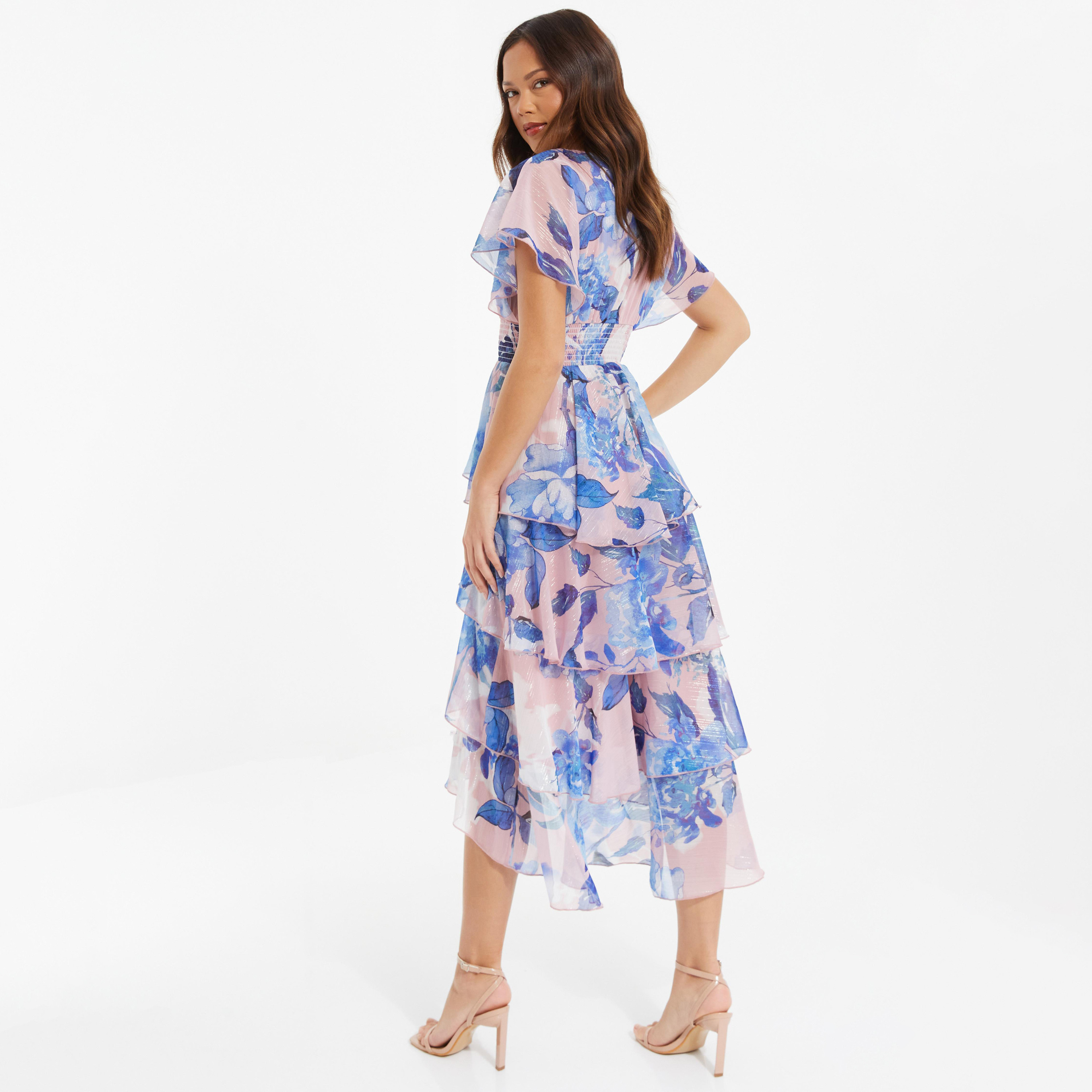 فستان ميدي ذو متعدد الطبقات برقبة على شكل فى بطبعة الزهور من كويز-women-clothing-dresses-image-4