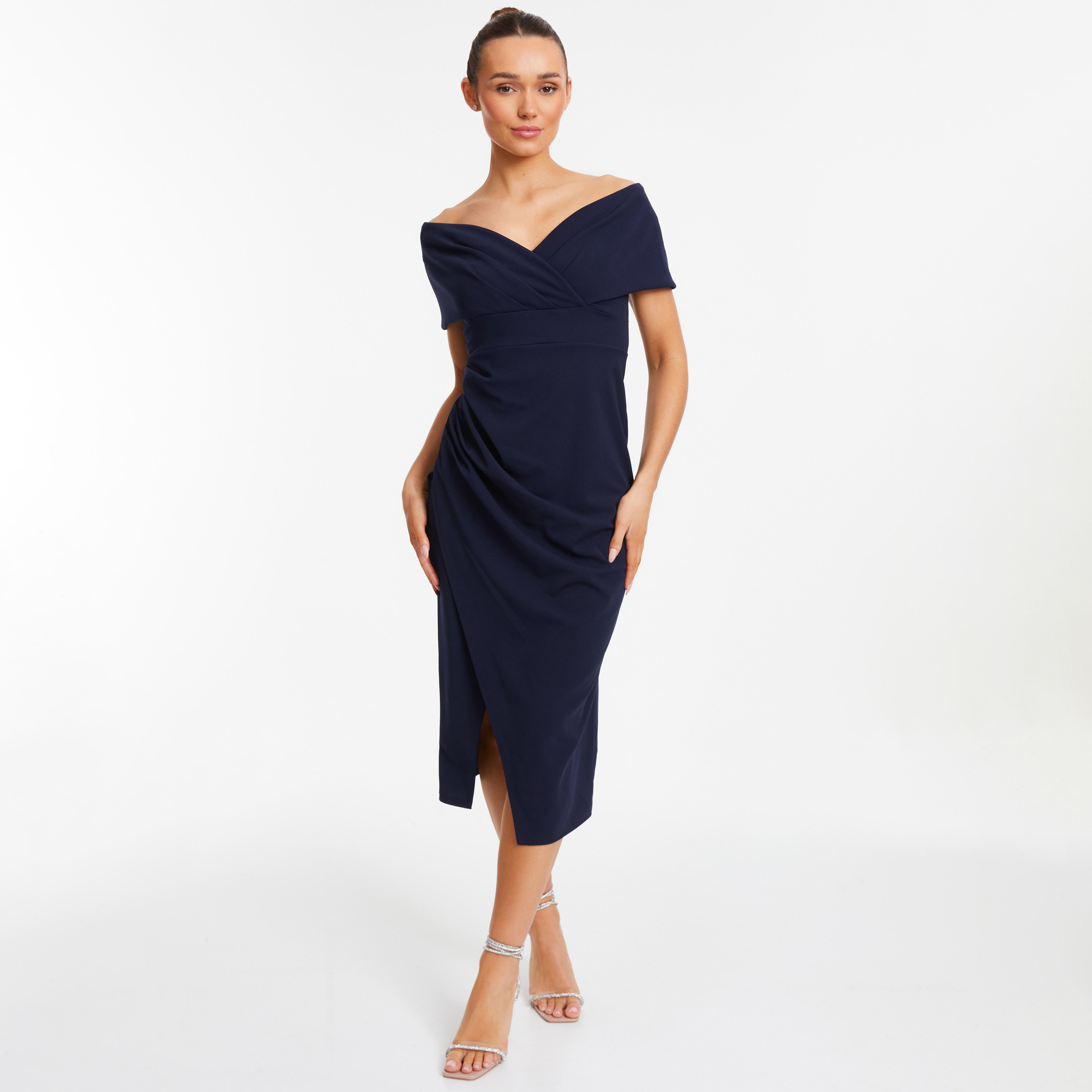 فستان ميدي ملفوف برقبة باردو سادة من كويز-women-clothing-dresses-image-1