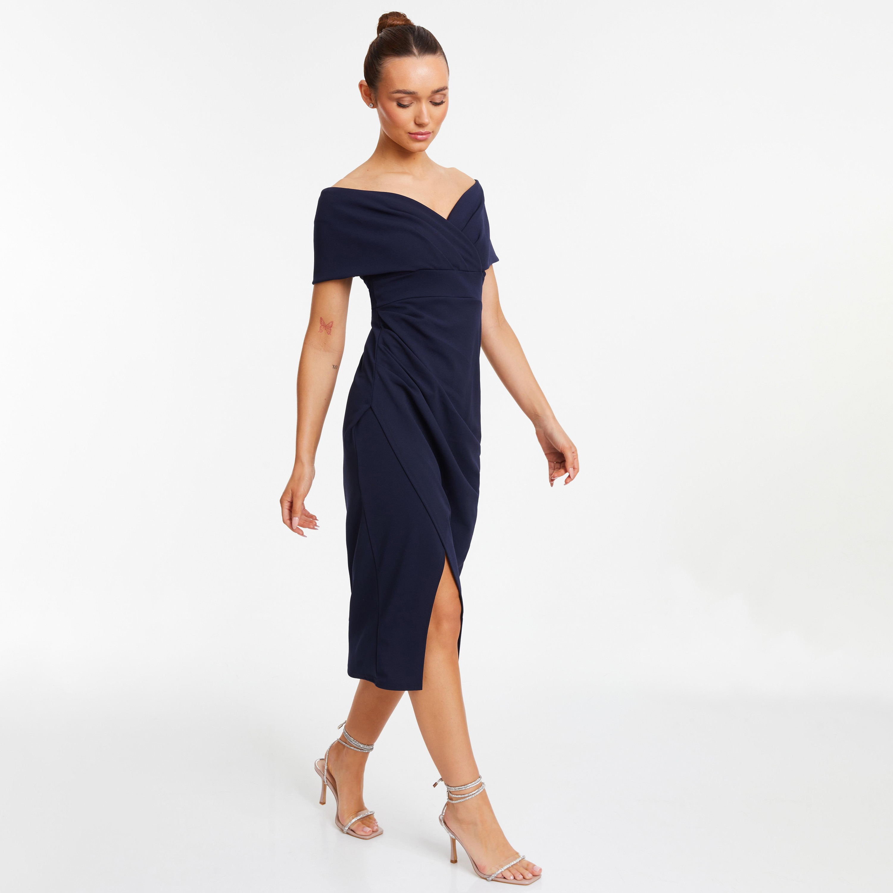 Quiz Plain Bardot Neck Wrap Midi Dress-women-clothing-dresses-image-2