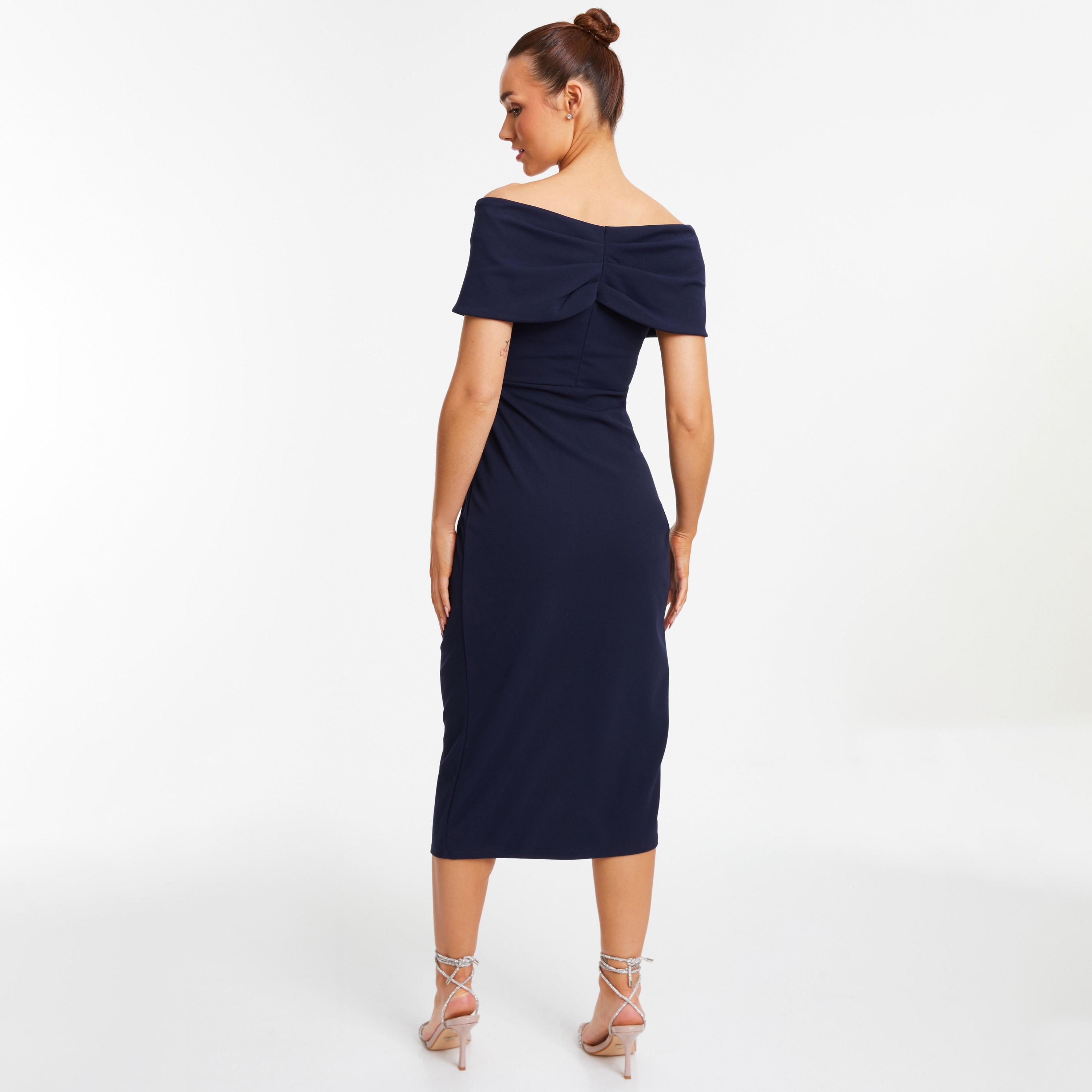 فستان ميدي ملفوف برقبة باردو سادة من كويز-women-clothing-dresses-image-4