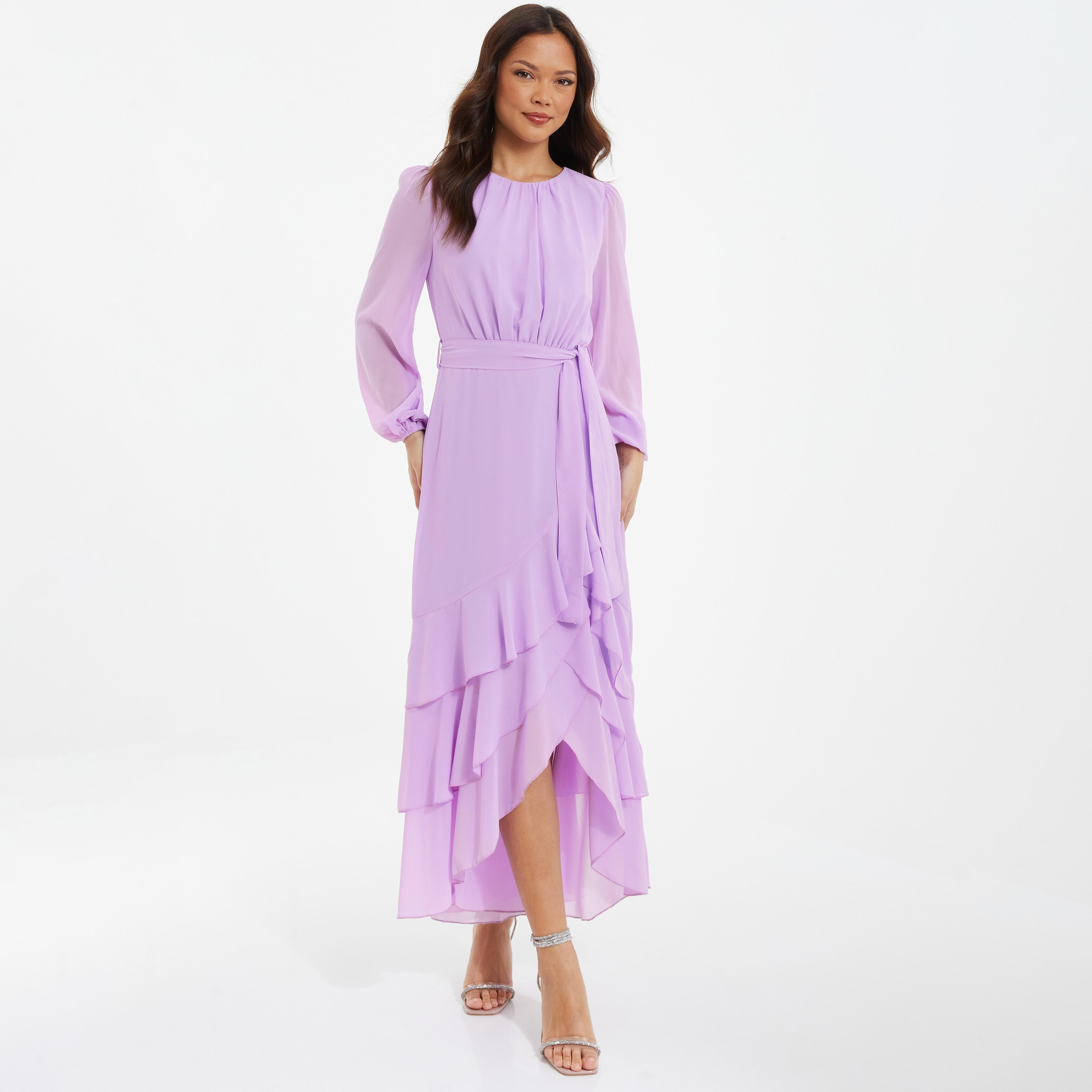 فستان ماكسي بحزام ورقبة دائرية مع مزين بكشكش من كويز-women-clothing-dresses-image-1