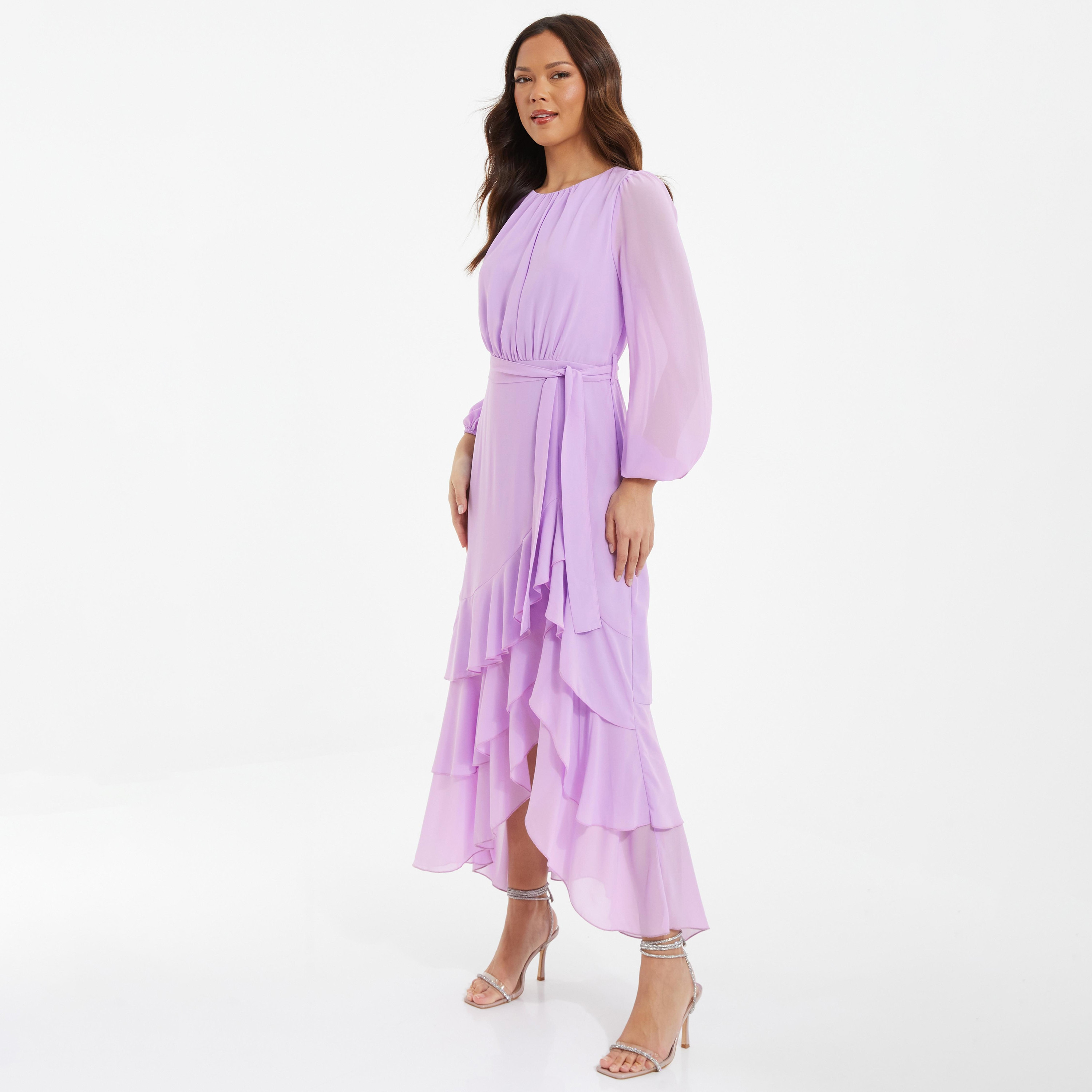 فستان ماكسي بحزام ورقبة دائرية مع مزين بكشكش من كويز-women-clothing-dresses-image-2
