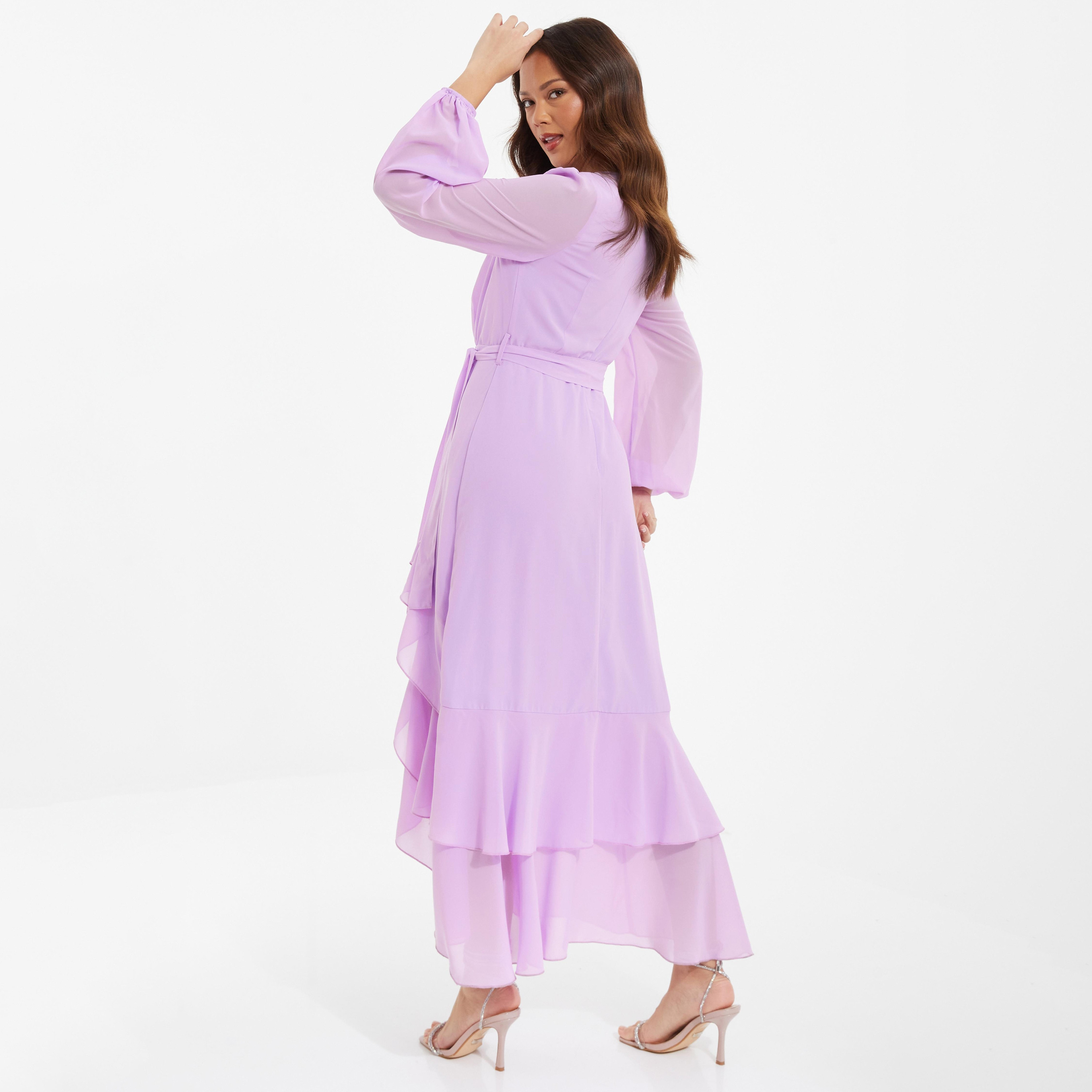 فستان ماكسي بحزام ورقبة دائرية مع مزين بكشكش من كويز-women-clothing-dresses-image-4