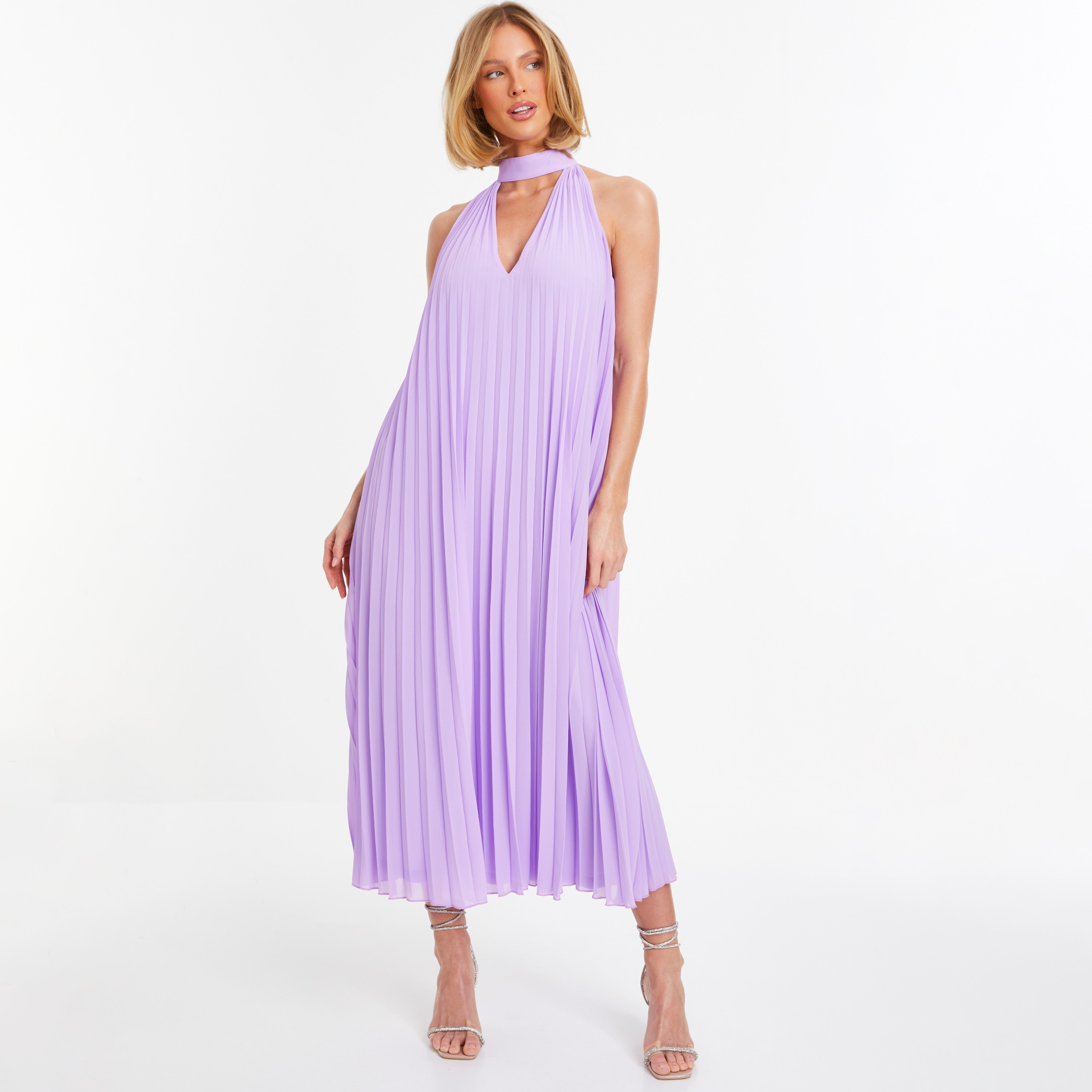 فستان ميدي بطيات ورقبة مختنقة سادة من كويز-women-clothing-dresses-image-1