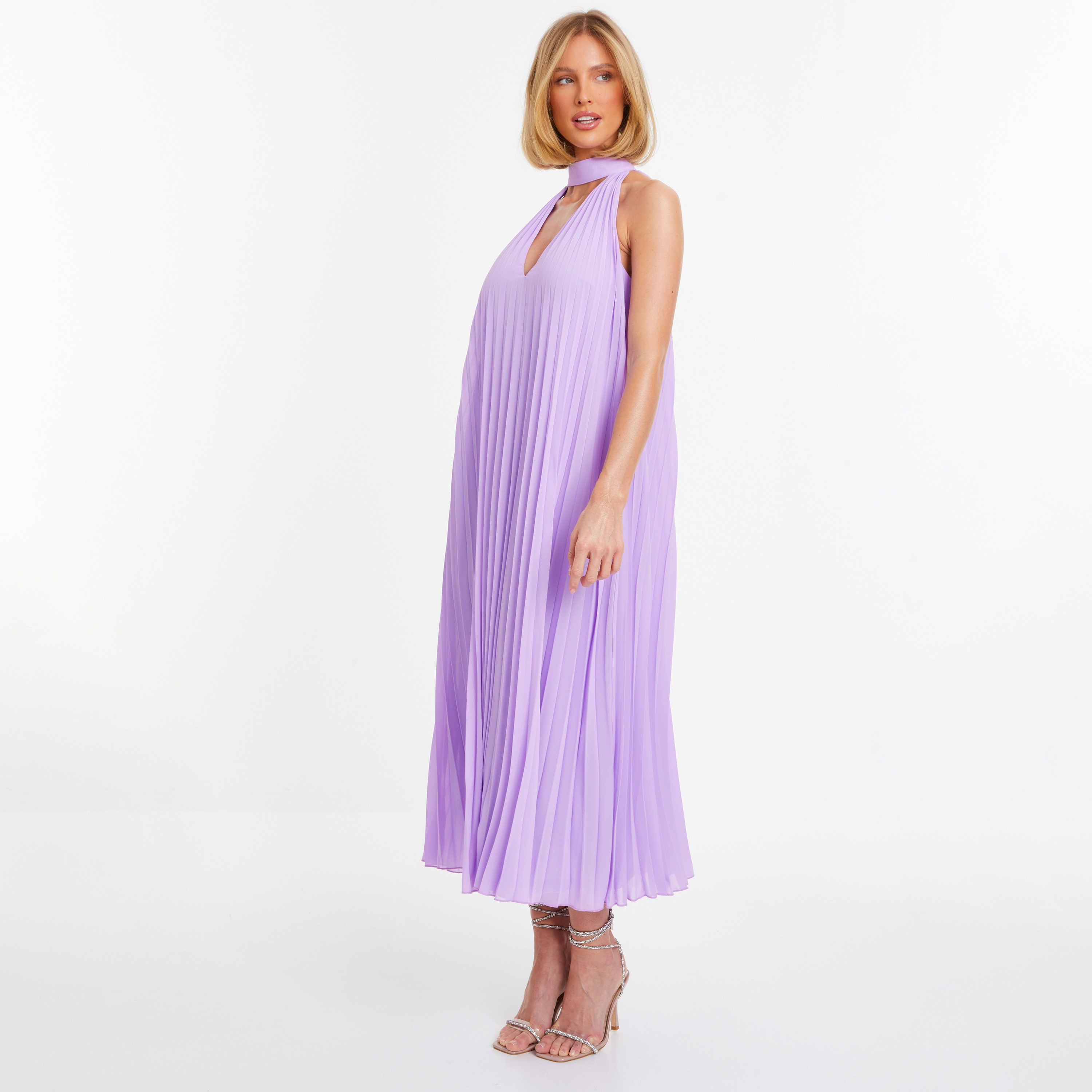 فستان ميدي بطيات ورقبة مختنقة سادة من كويز-women-clothing-dresses-image-2