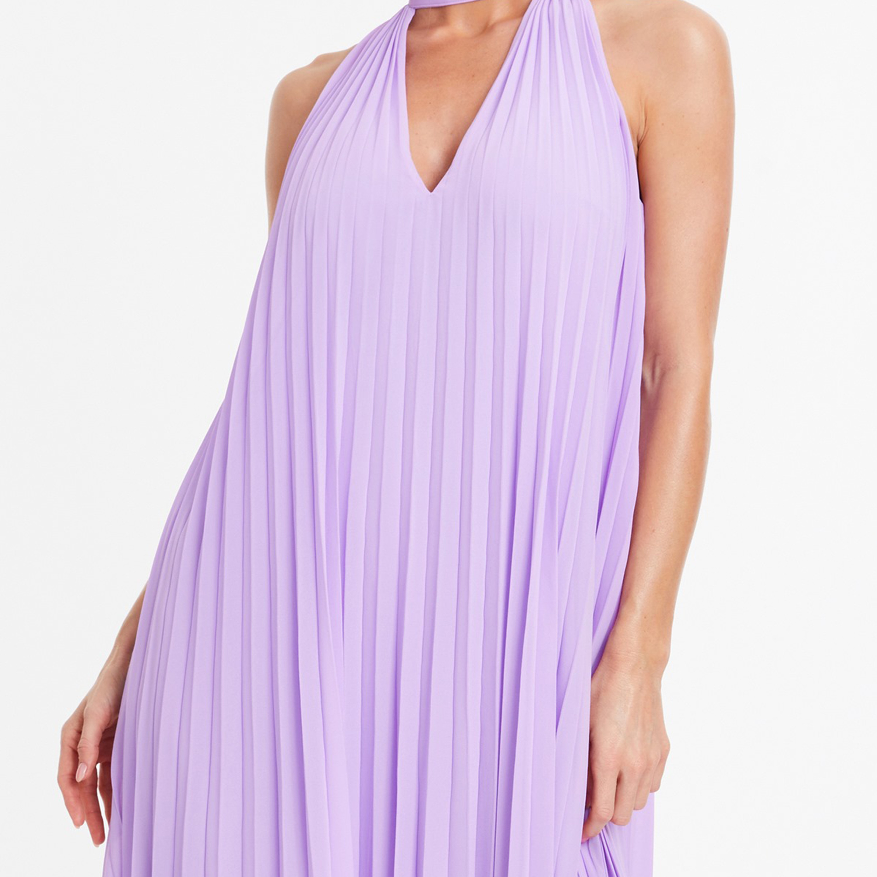 فستان ميدي بطيات ورقبة مختنقة سادة من كويز-women-clothing-dresses-image-3