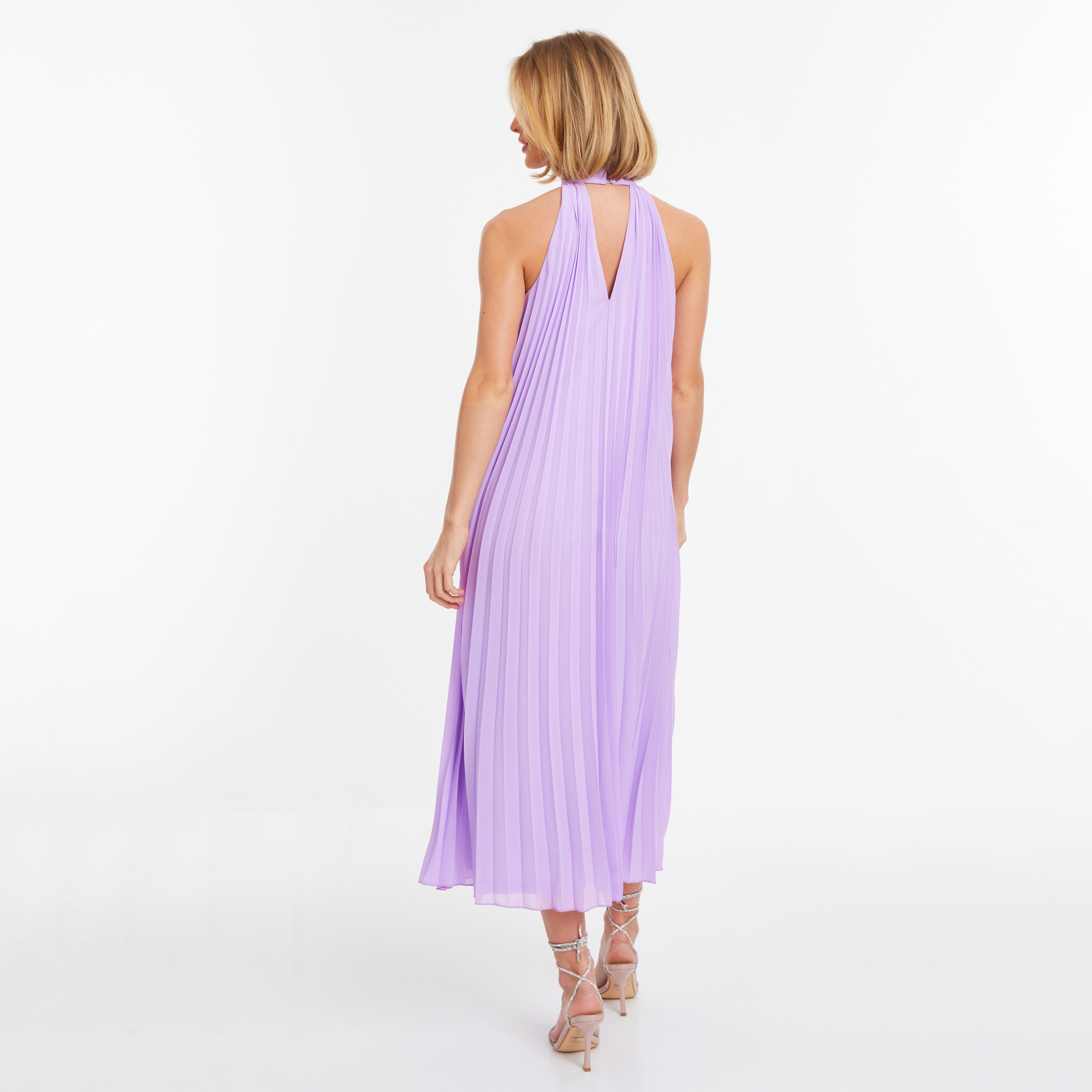 فستان ميدي بطيات ورقبة مختنقة سادة من كويز-women-clothing-dresses-image-4
