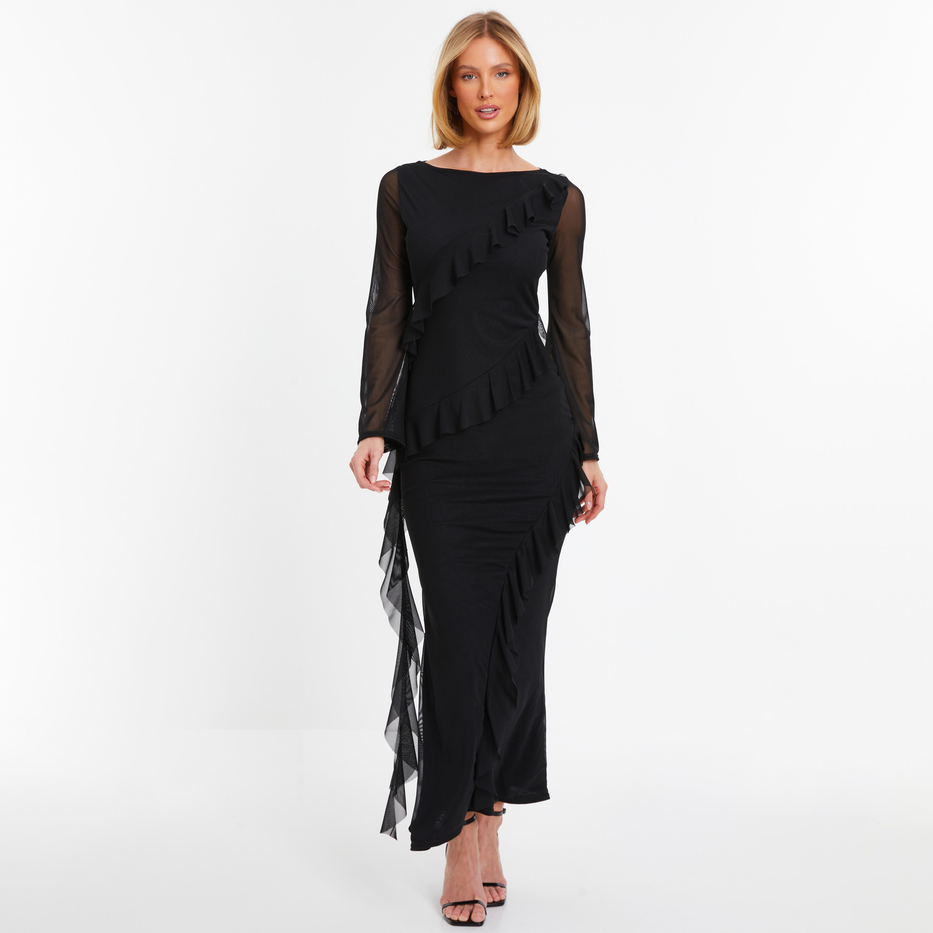 فستان بوديكون ماكسي برقبة على شكل قارب بكشكشة من كويز-women-clothing-dresses-image-1