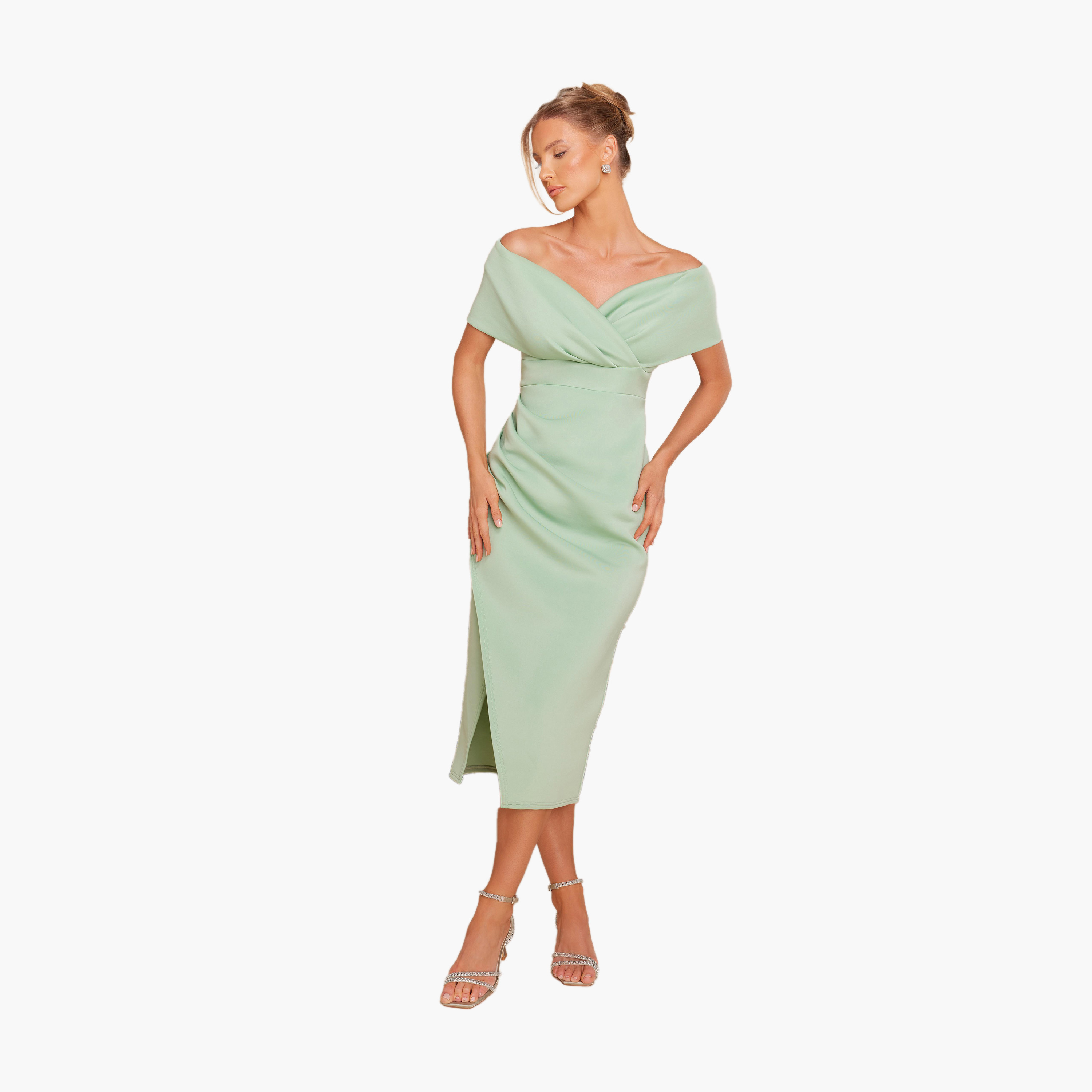 Quiz Sage Scuba Bardot Wrap Midi Dress-women-clothing-dresses-image-1