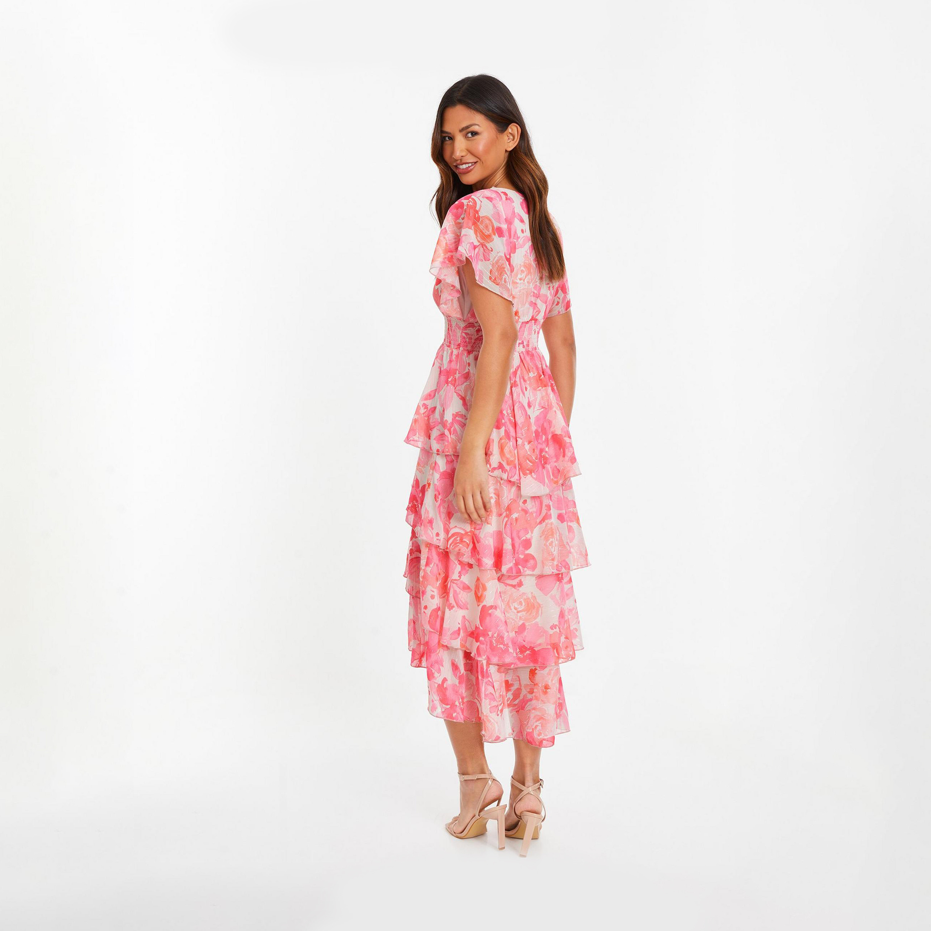 Quiz Pink Coral Chiffon Floral Tiered Dip Dress-women-clothing-dresses-image-2