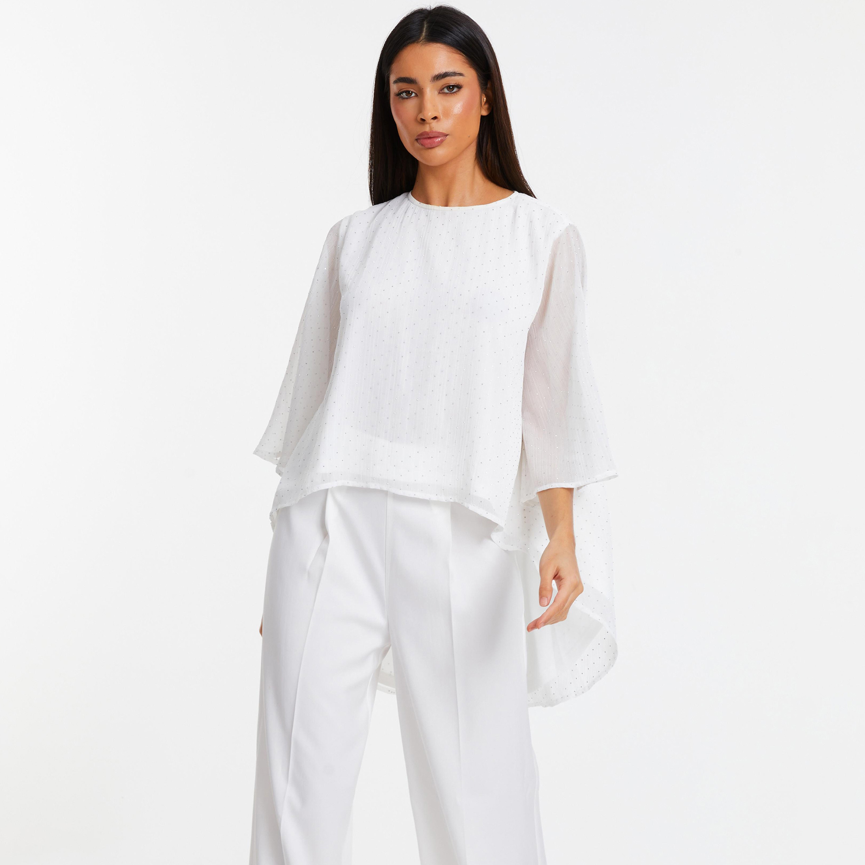 توب تكسرد بياقة دائرية وأكمام ثلاثة أرباع من كويز-women-clothing-shirtsandblouses-blouses-image-1