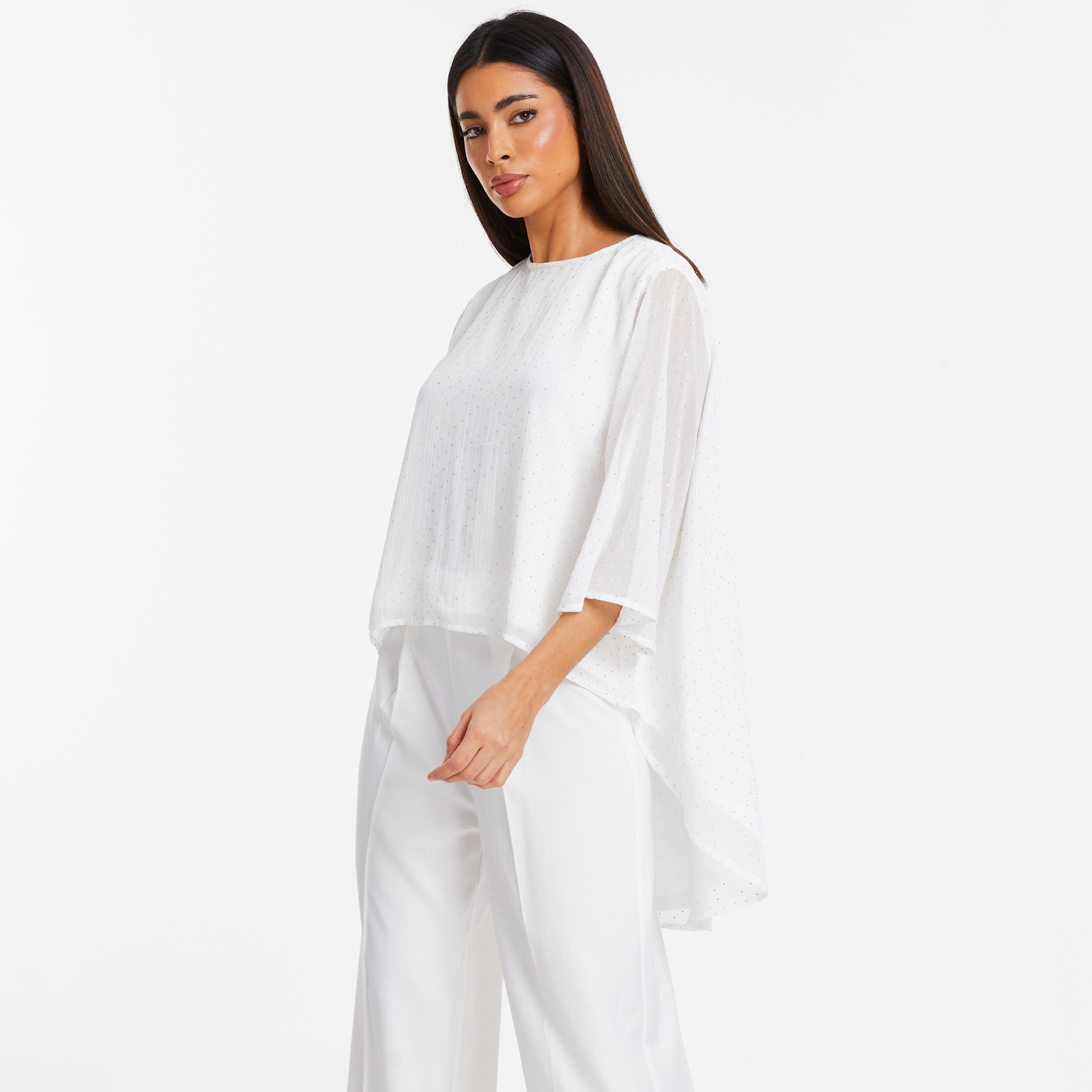 توب تكسرد بياقة دائرية وأكمام ثلاثة أرباع من كويز-women-clothing-shirtsandblouses-blouses-image-4