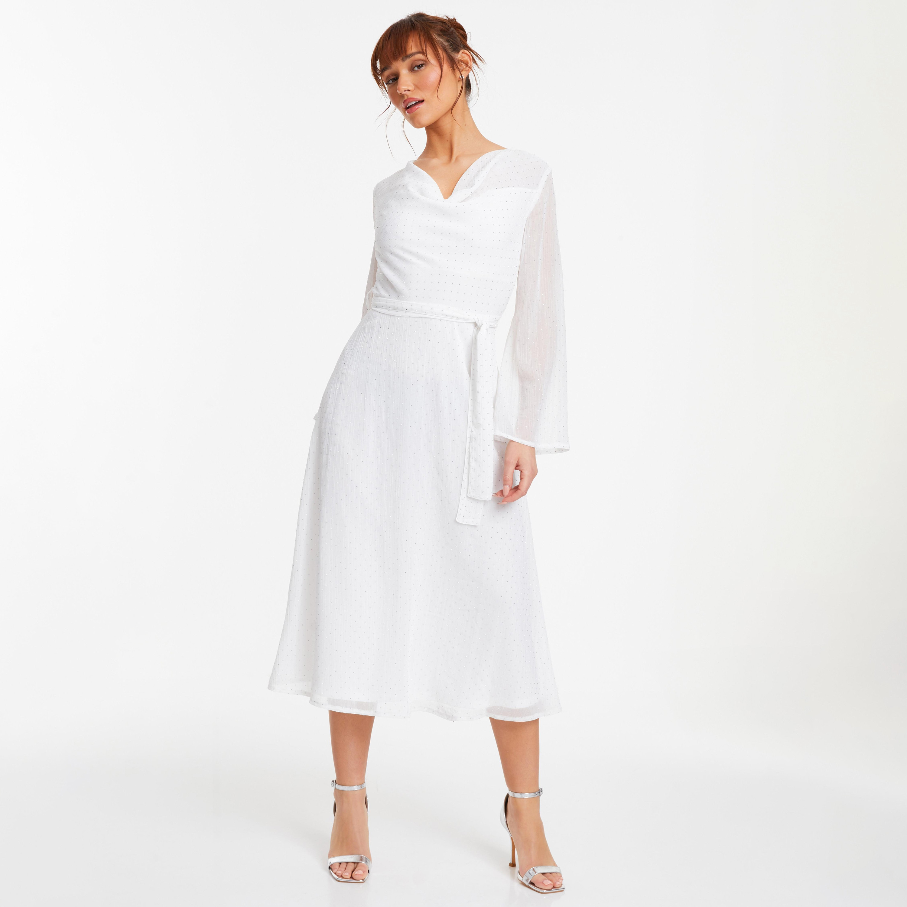 فستان ميدي بحزام ورقبة واسعة مع مزين بسكوينس من كويز-women-clothing-dresses-image-1