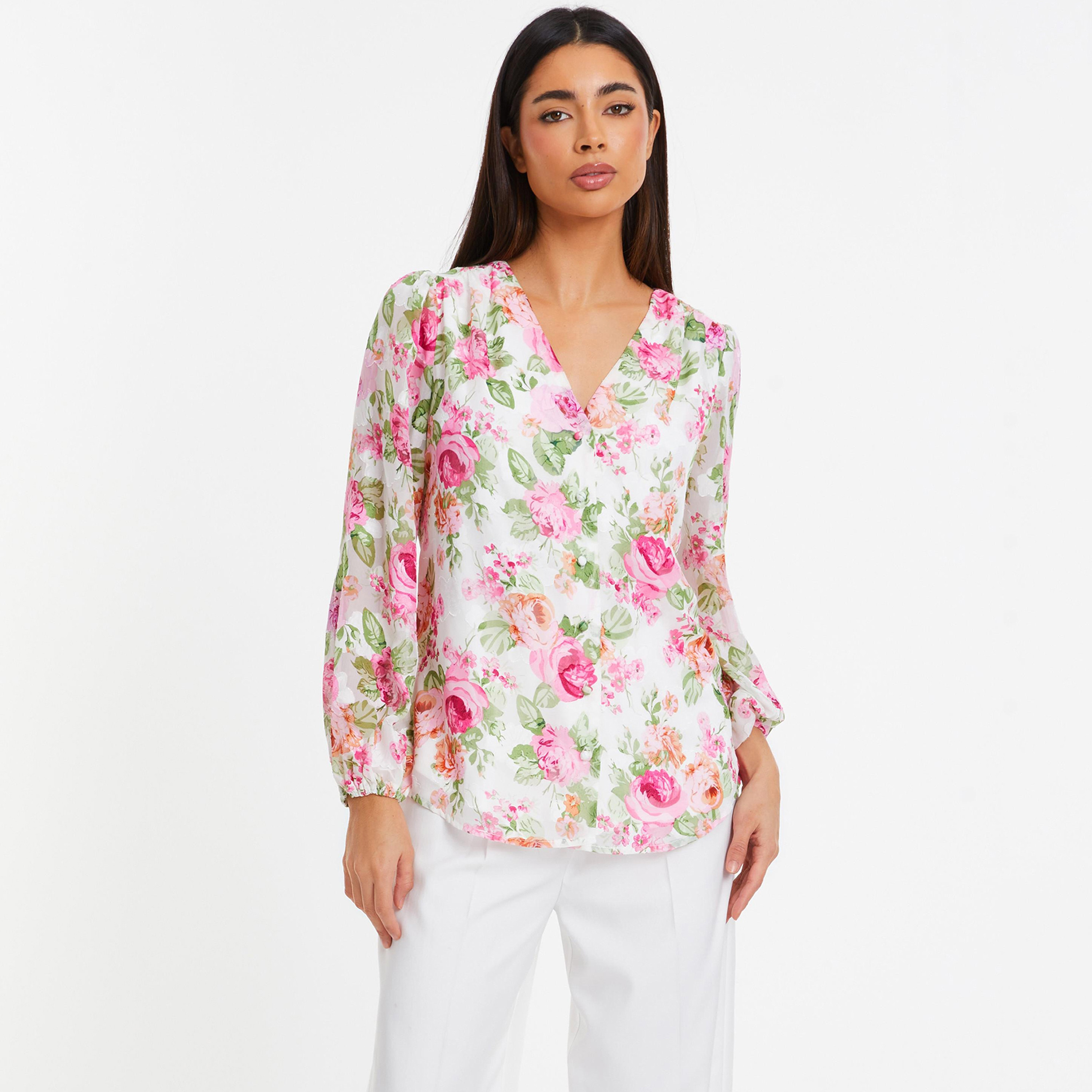 توب كويز مزين بالزهور وياقة على شكل وى وأكمام طويلة مع أزرار-women-clothing-shirtsandblouses-blouses-image-1