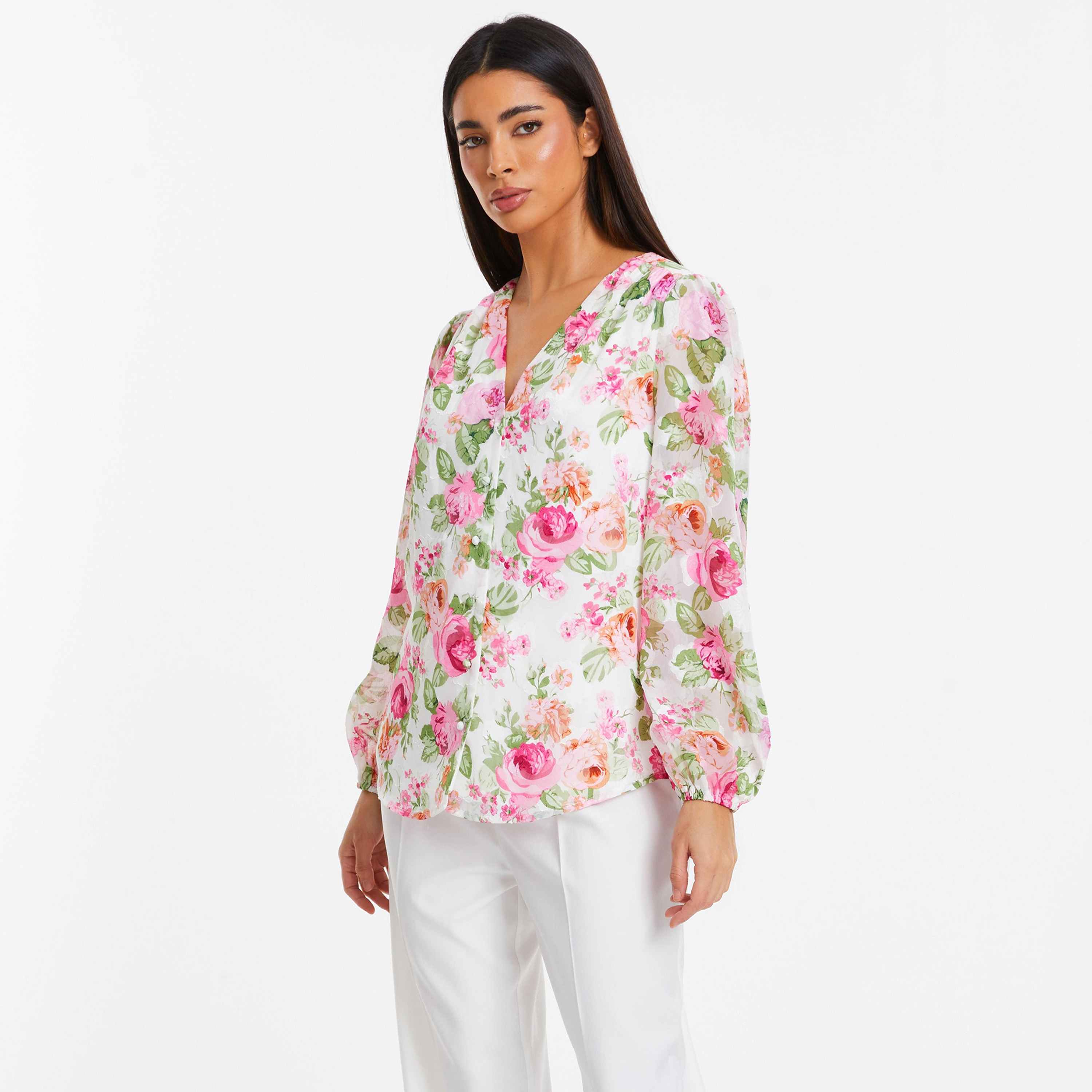 توب كويز مزين بالزهور وياقة على شكل وى وأكمام طويلة مع أزرار-women-clothing-shirtsandblouses-blouses-image-4