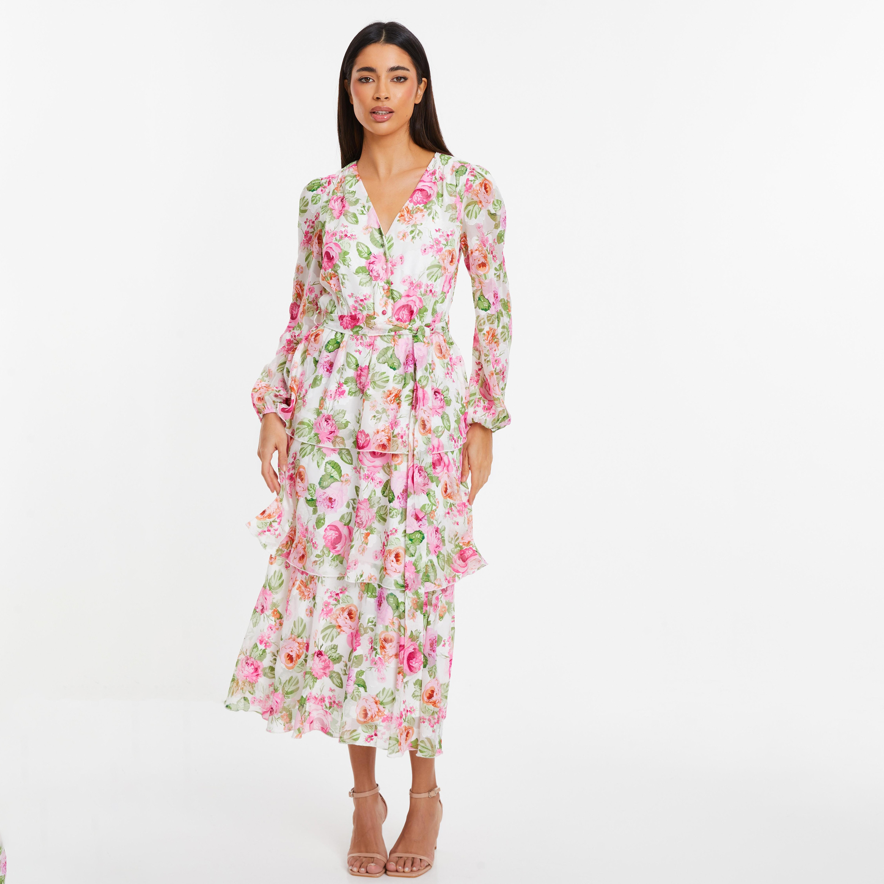 فستان ميدي سكيتر برقبة على شكل وى وزھور من كويز -women-clothing-dresses-image-1