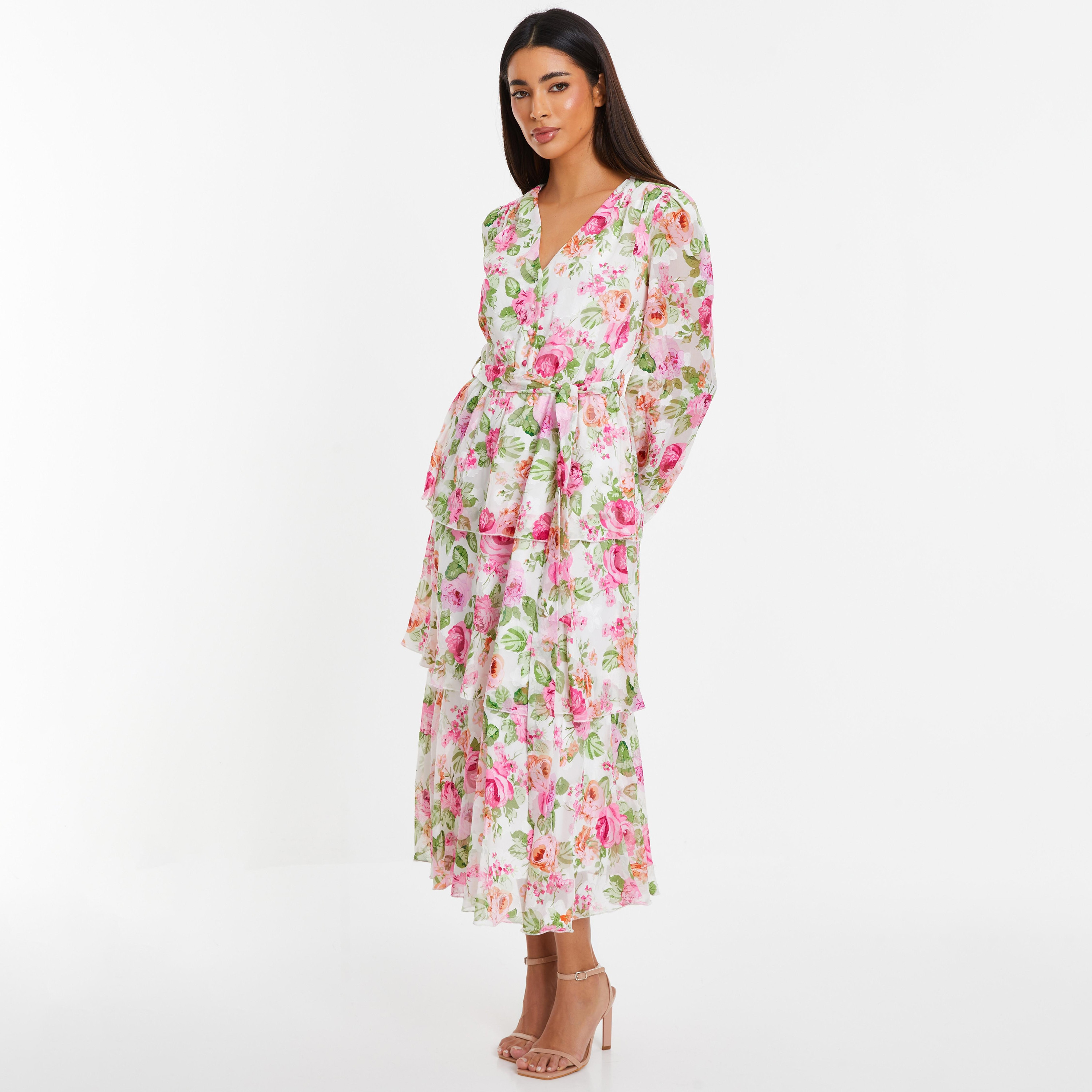 فستان ميدي سكيتر برقبة على شكل وى وزھور من كويز -women-clothing-dresses-image-2