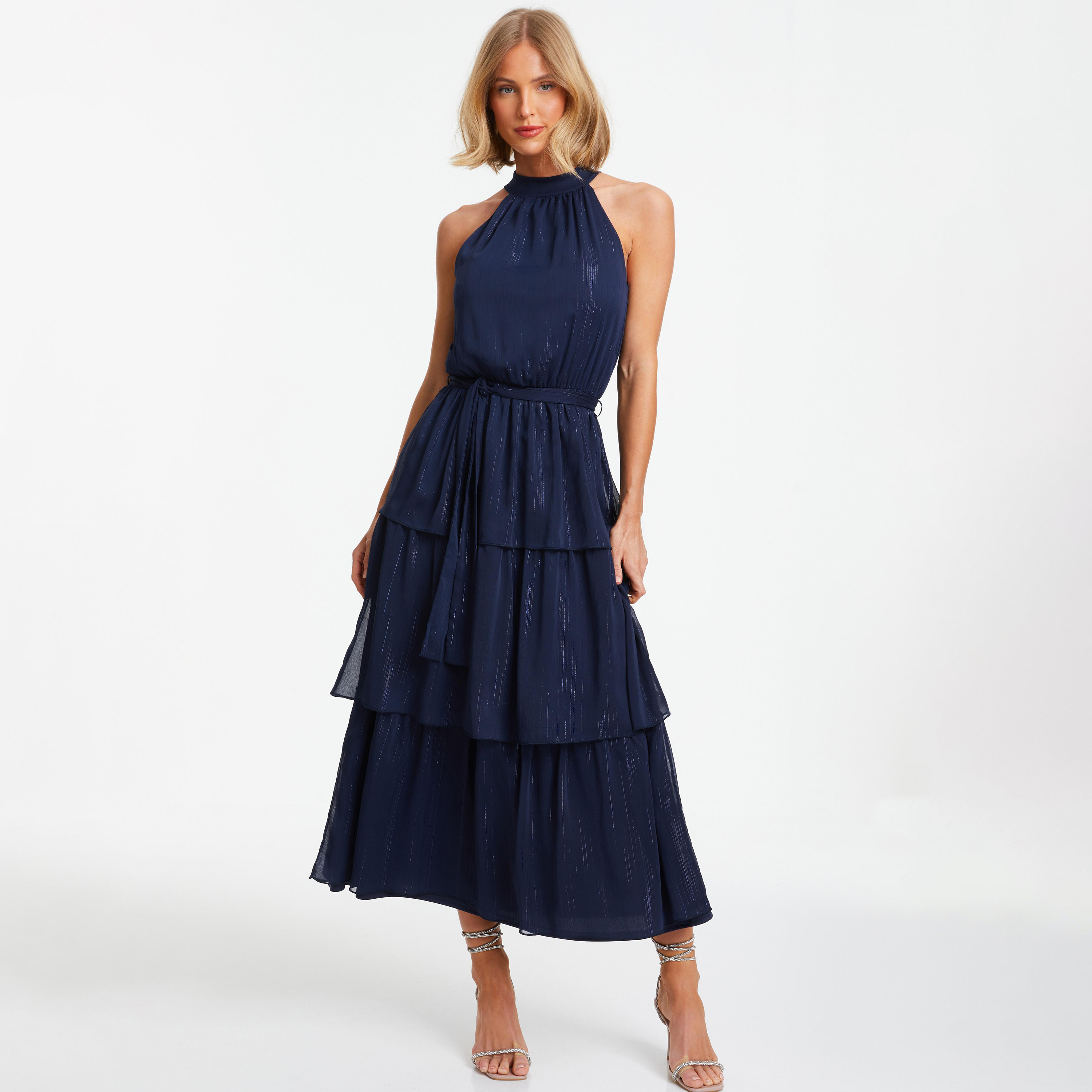 Quiz Plain Halter Neck Tiered Midi Dress-women-clothing-dresses-image-1