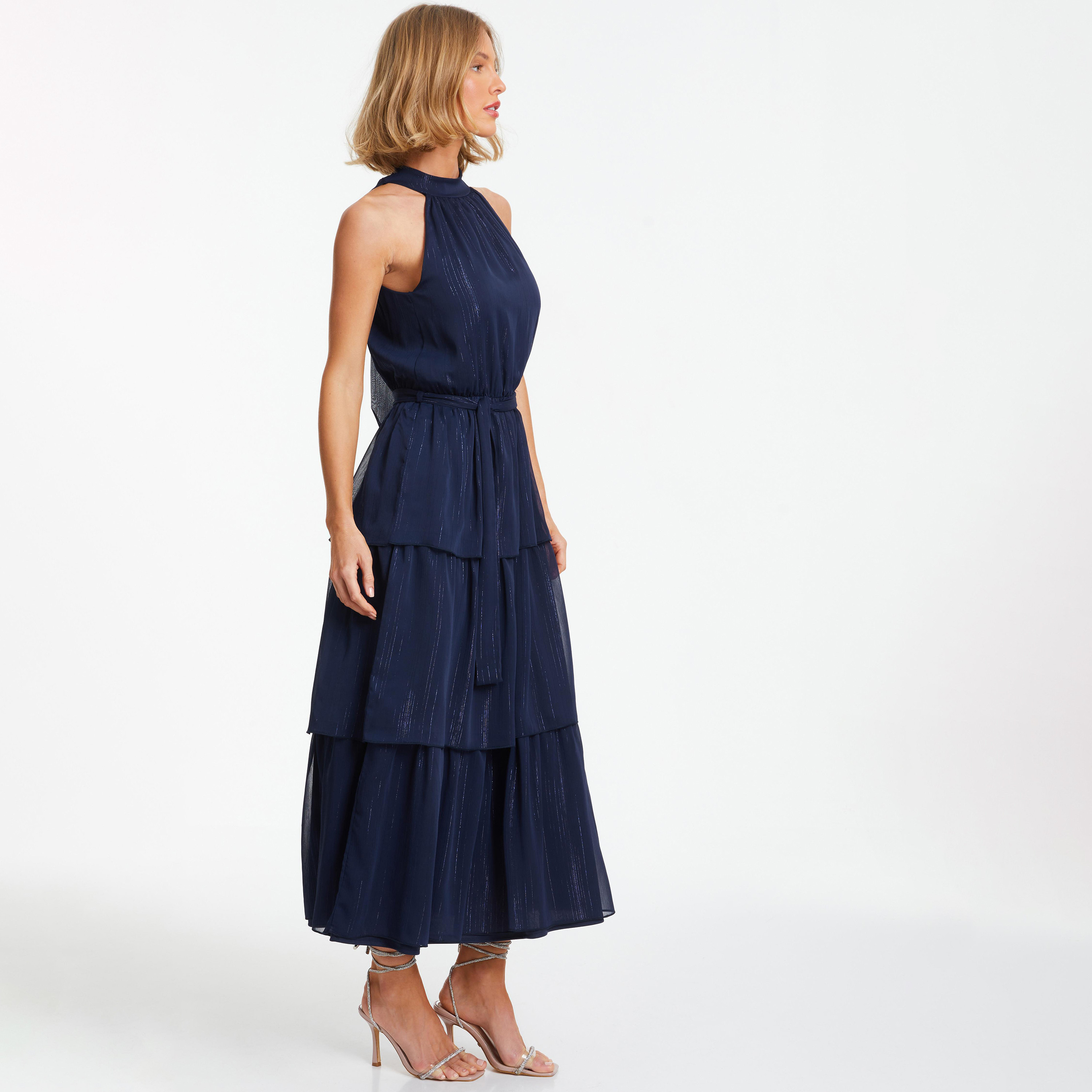 فستان عادي متوسط الطول بياقة رسن بمتعدد الطبقات من كويز-women-clothing-dresses-image-2