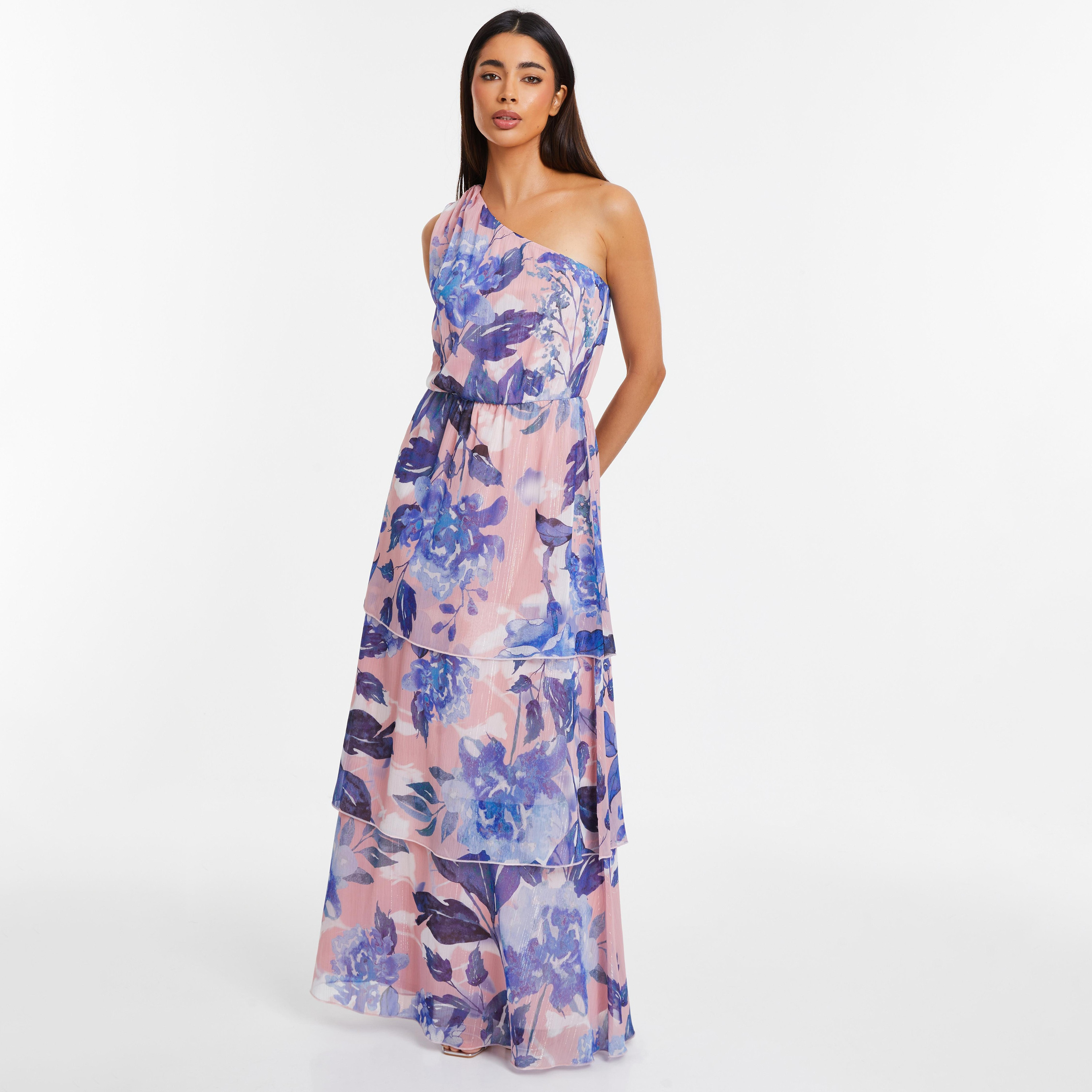 فستان ماكسي مع متعدد الطبقات بكتف واحد مزين بالزهور من كويز-women-clothing-dresses-image-1