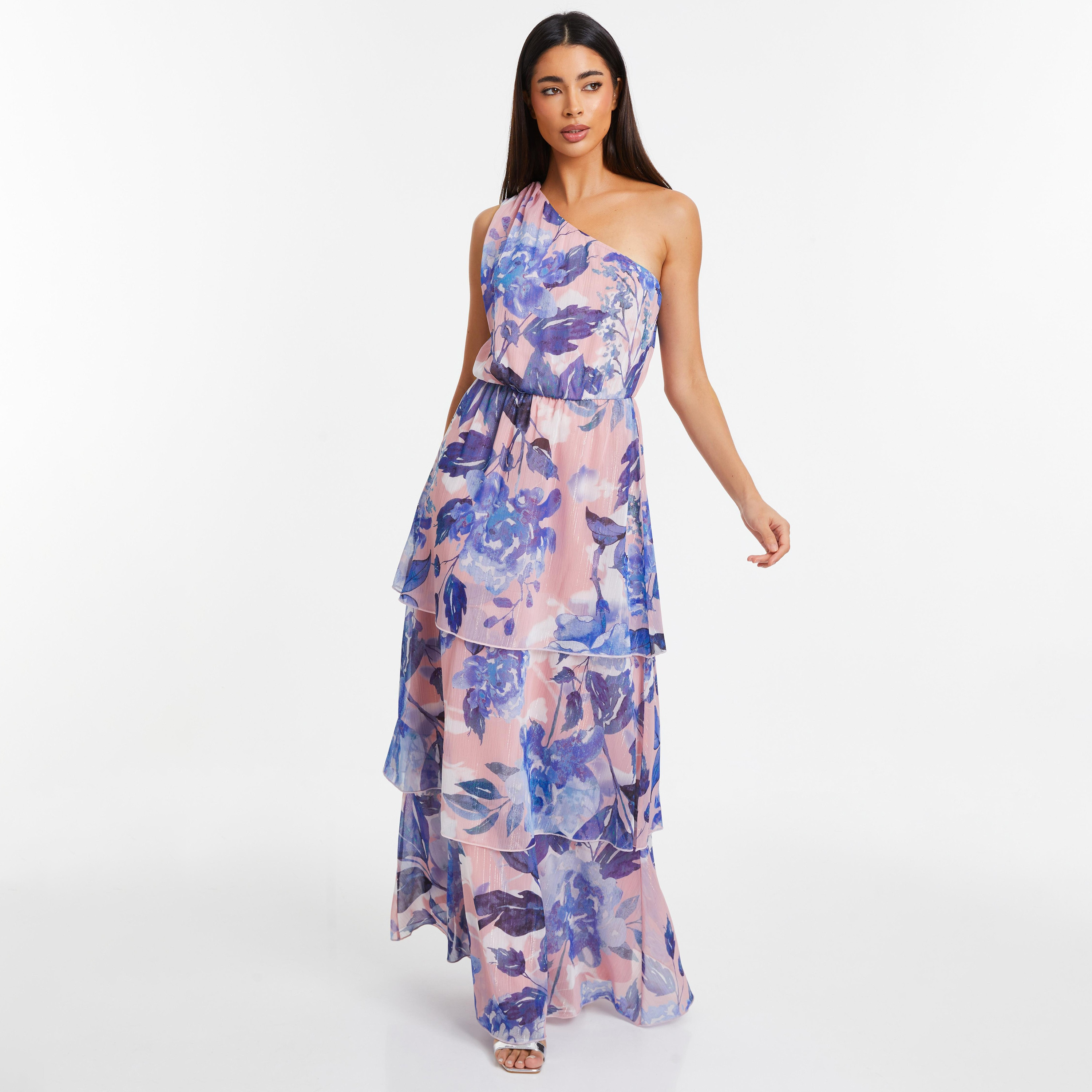 فستان ماكسي مع متعدد الطبقات بكتف واحد مزين بالزهور من كويز-women-clothing-dresses-image-2