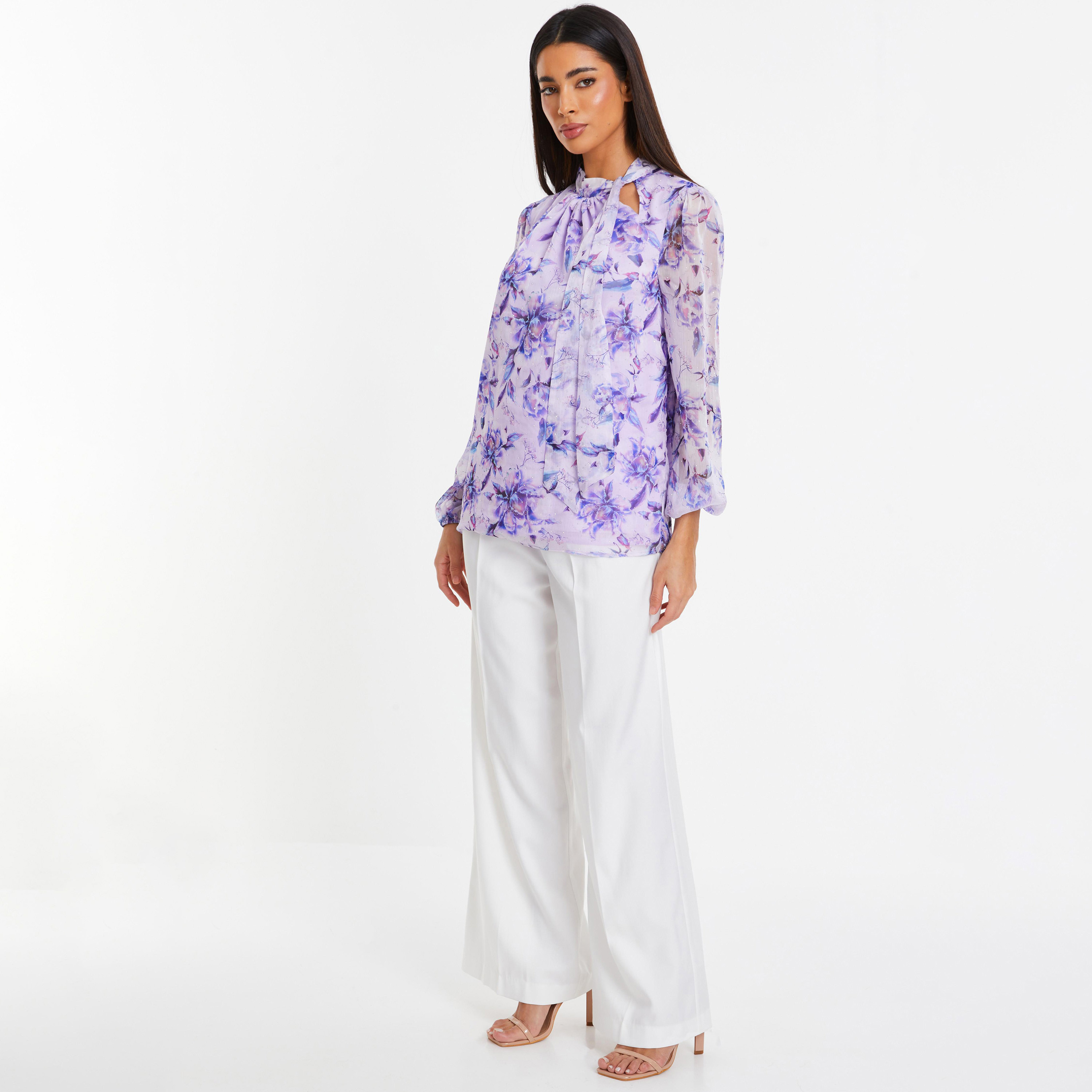 توب بأكمام طويلة وربطة عنق مع زهري من كويز-women-clothing-shirtsandblouses-blouses-image-2