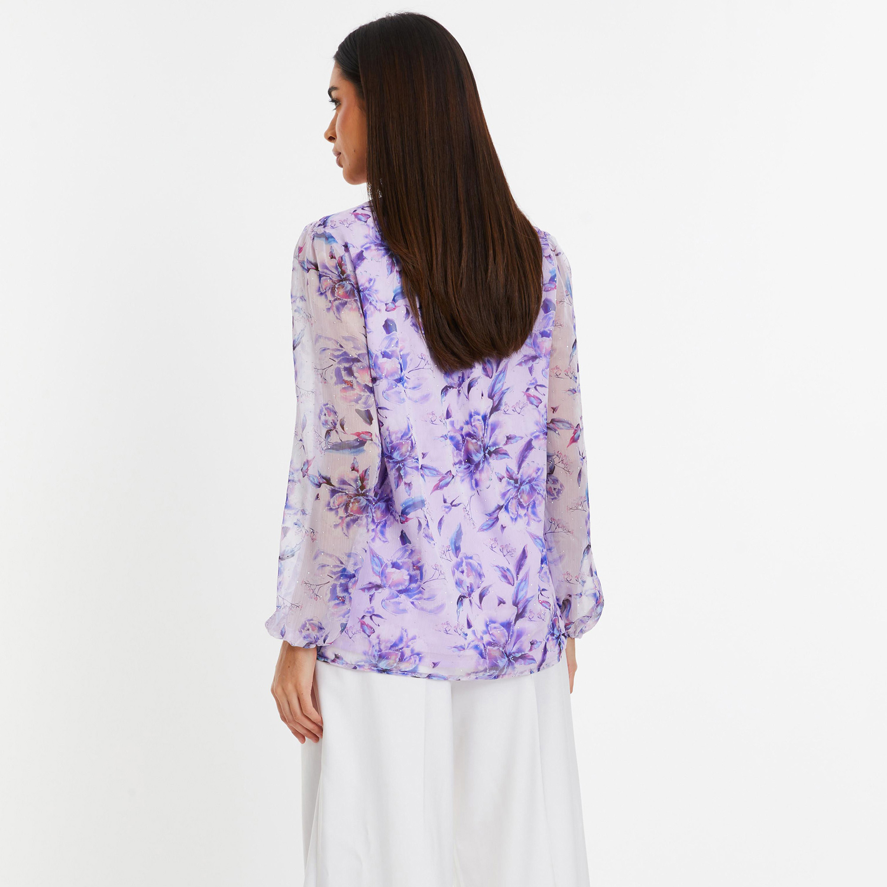توب بأكمام طويلة وربطة عنق مع زهري من كويز-women-clothing-shirtsandblouses-blouses-image-4