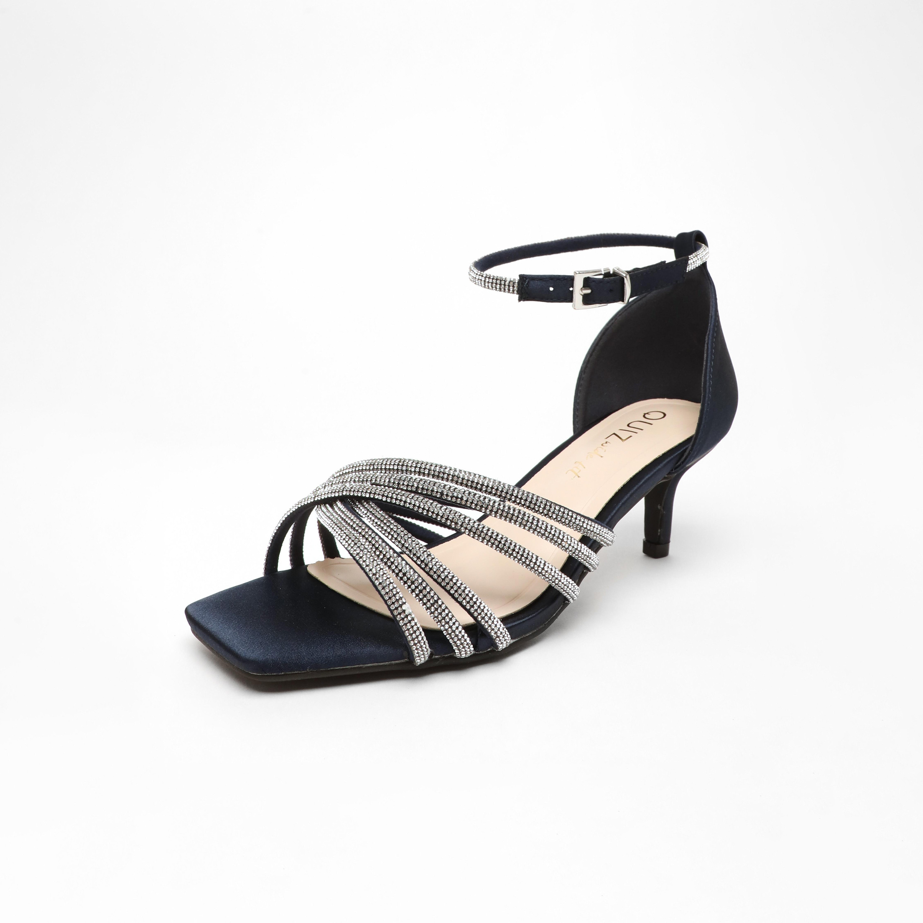 صندل نسائي من كويز مزود بتفاصيل ديامانتي وحزام متقاطع للكاحل وكعب قطة  | 100041681-women-shoes-heels-image-1