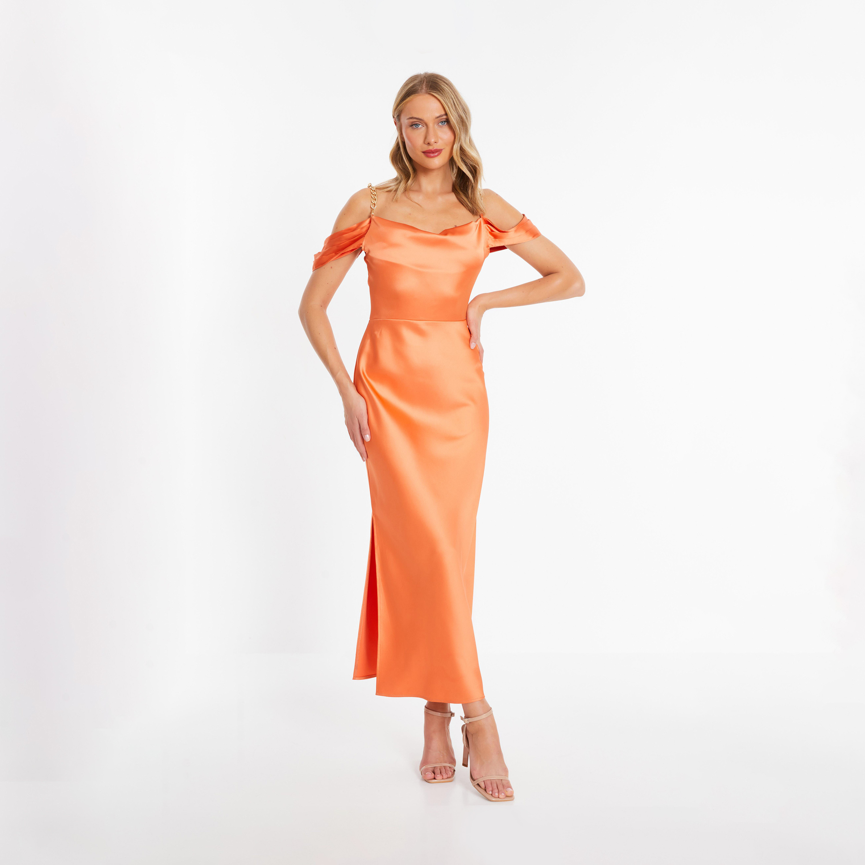كويز- فستان سهرة طول متوسط بكتف مكشوف من الساتان لون برتقالي-women-clothing-dresses-image-1