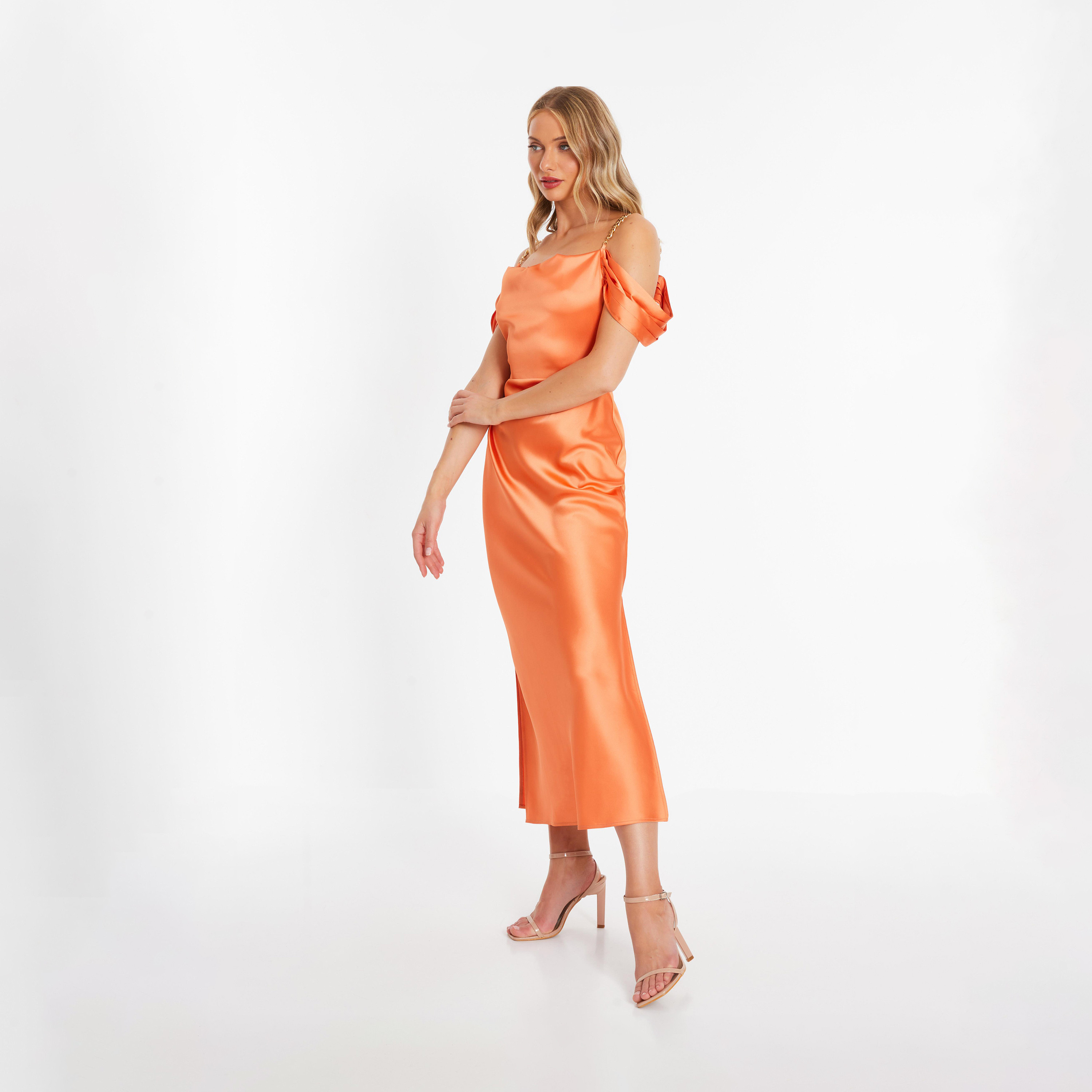 كويز- فستان سهرة طول متوسط بكتف مكشوف من الساتان لون برتقالي-women-clothing-dresses-image-3