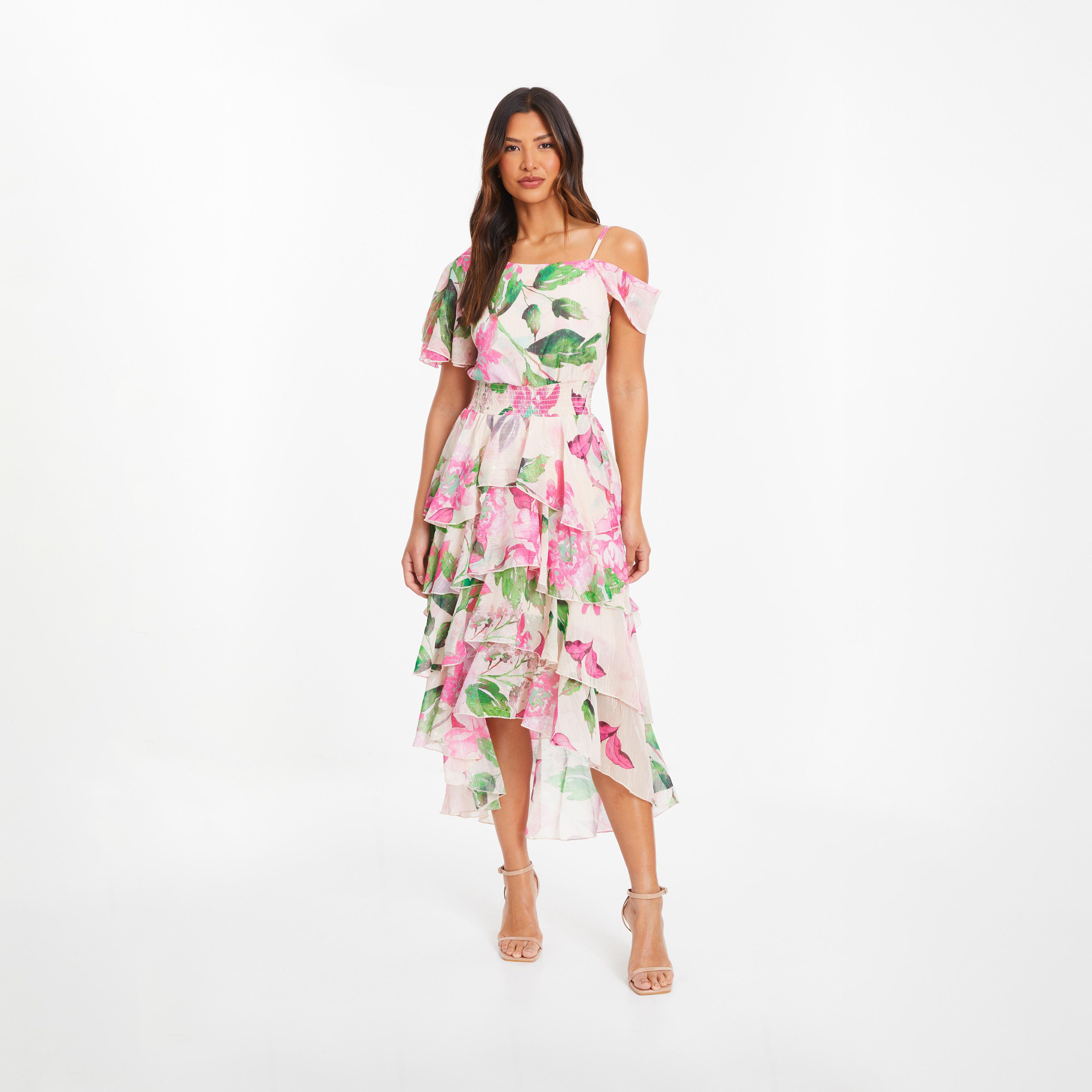 Quiz Nude Pink Green Chiffon Cold Shoulder Tiered Dip Dress-women-clothing-dresses-image-1
