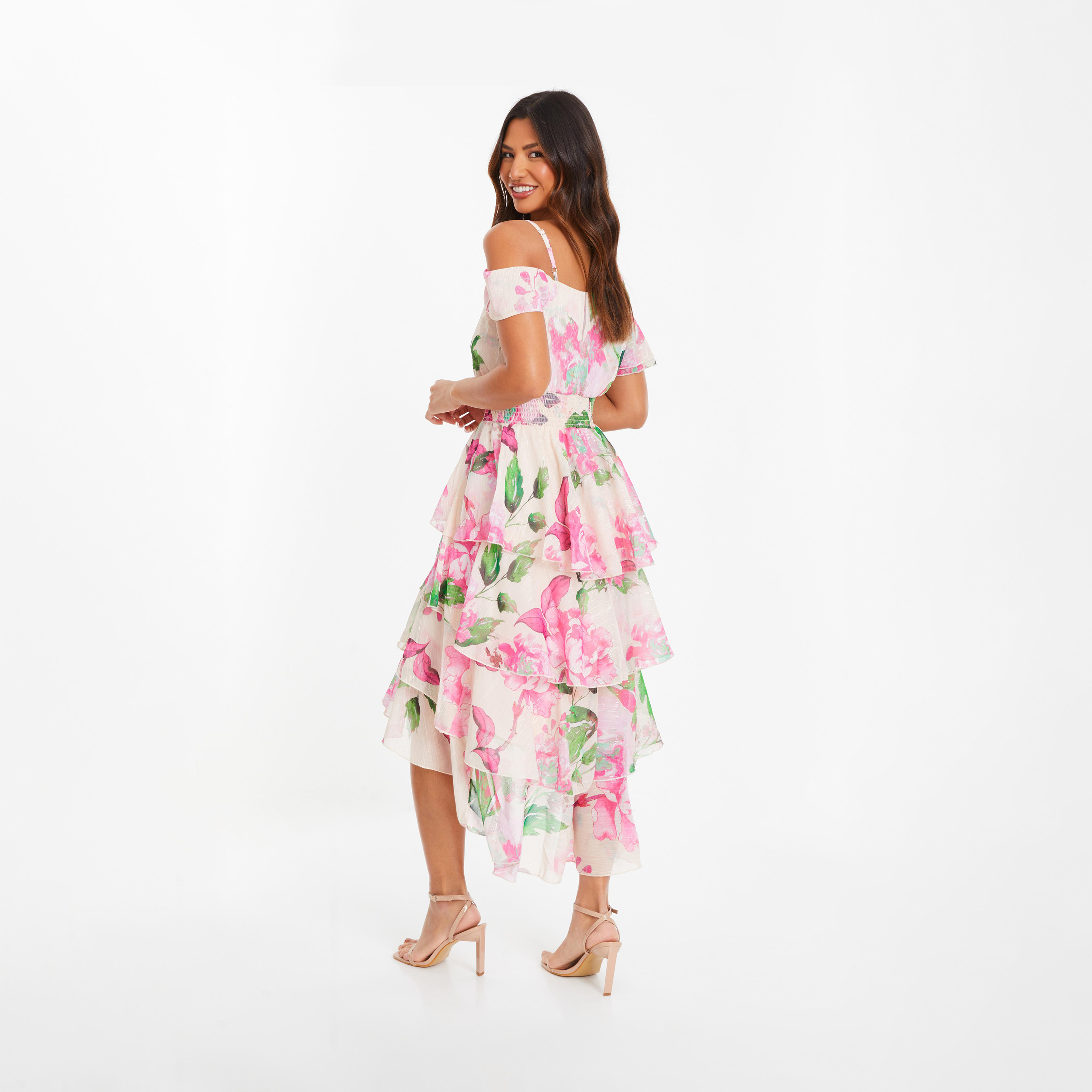 Quiz Nude Pink Green Chiffon Cold Shoulder Tiered Dip Dress-women-clothing-dresses-image-2