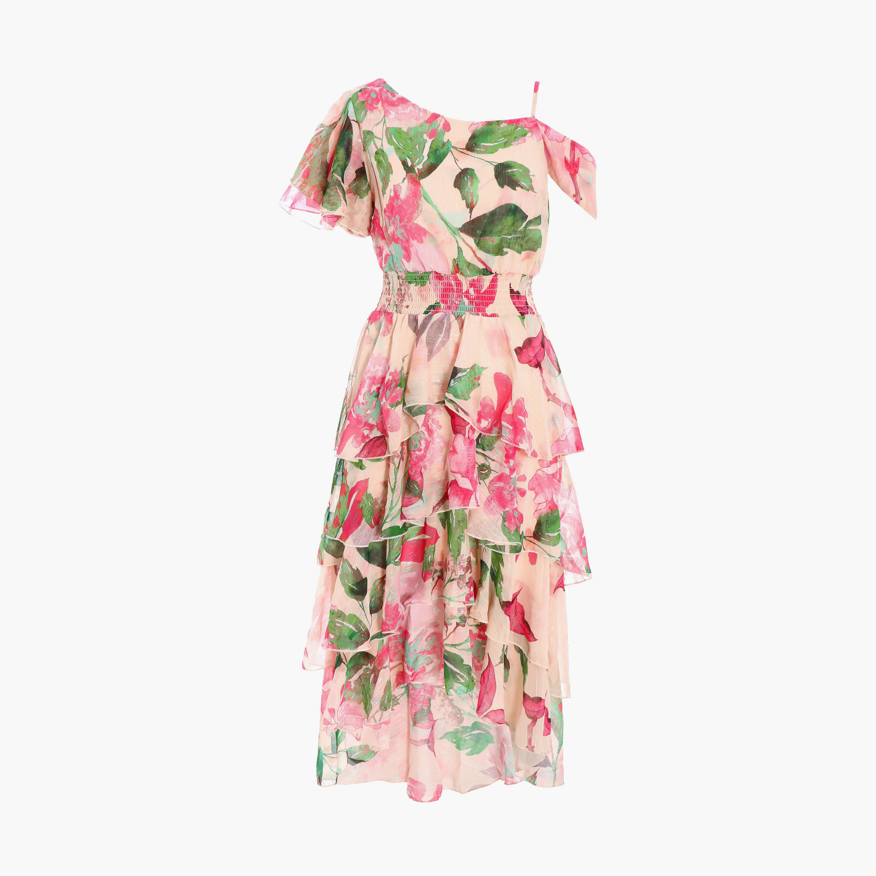 Quiz Nude Pink Green Chiffon Cold Shoulder Tiered Dip Dress-women-clothing-dresses-image-5