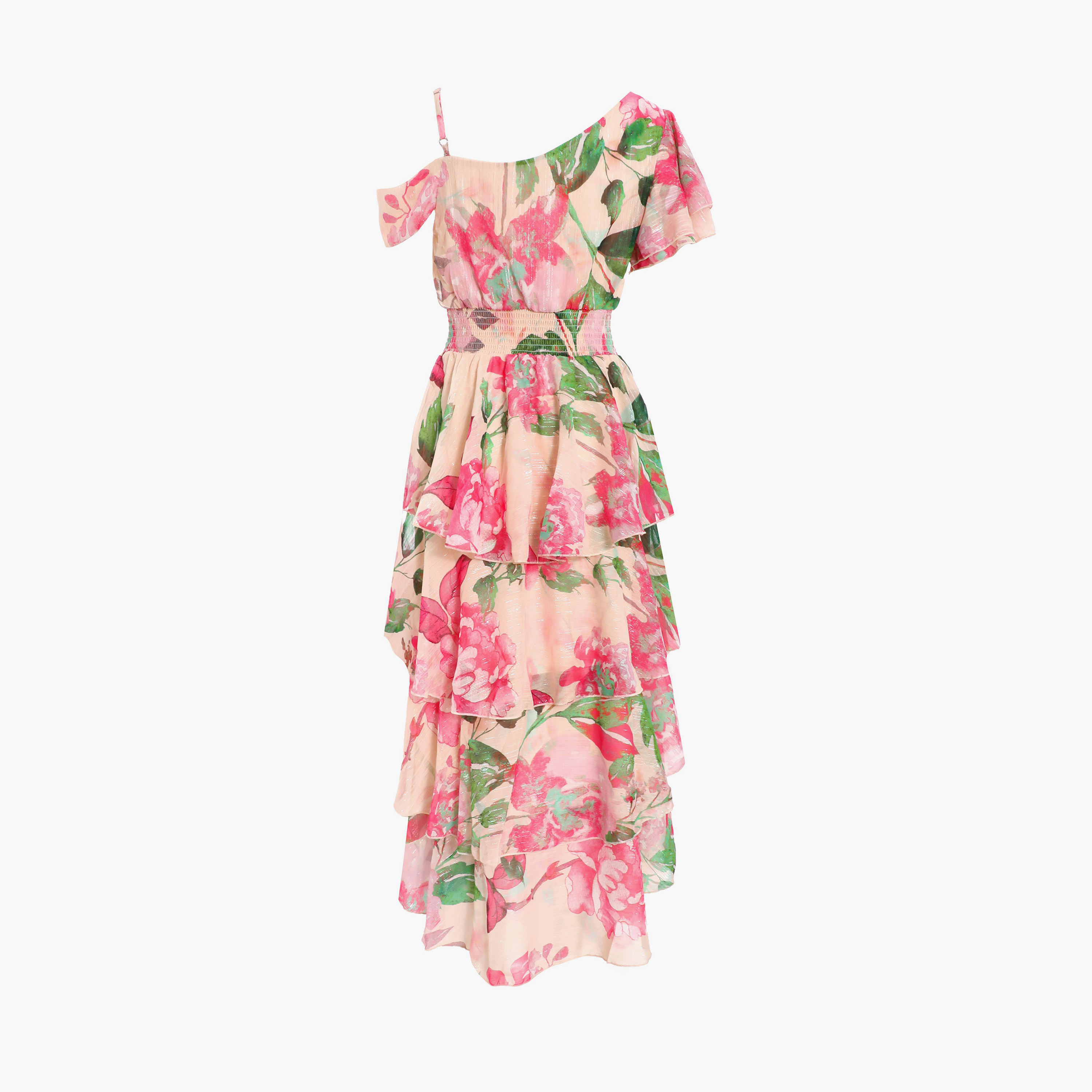 Quiz Nude Pink Green Chiffon Cold Shoulder Tiered Dip Dress-women-clothing-dresses-image-6