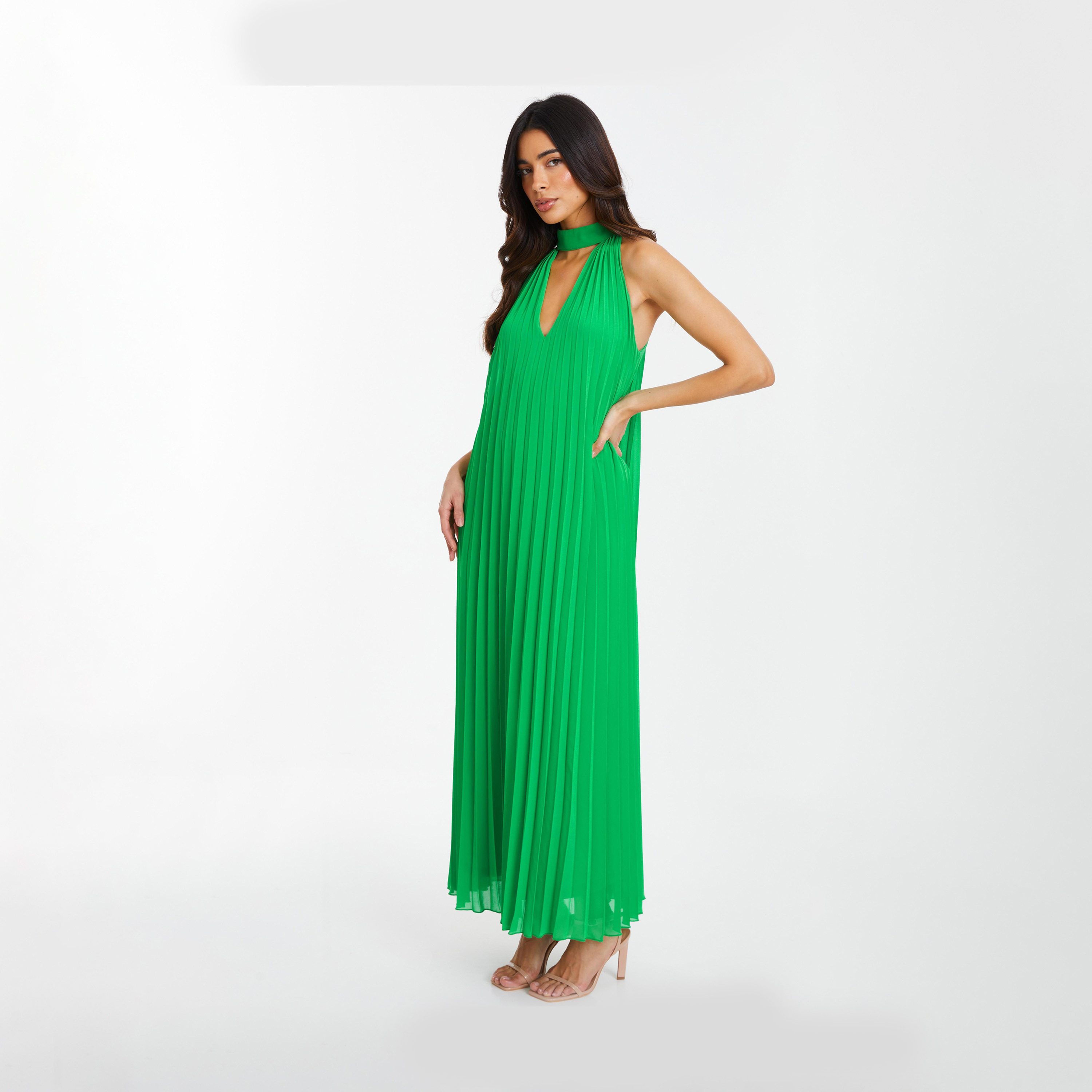 كويز- فستان سهرة طويل شيفون لون أخضر الفاتح ورقبة عالية-women-clothing-dresses-image-3