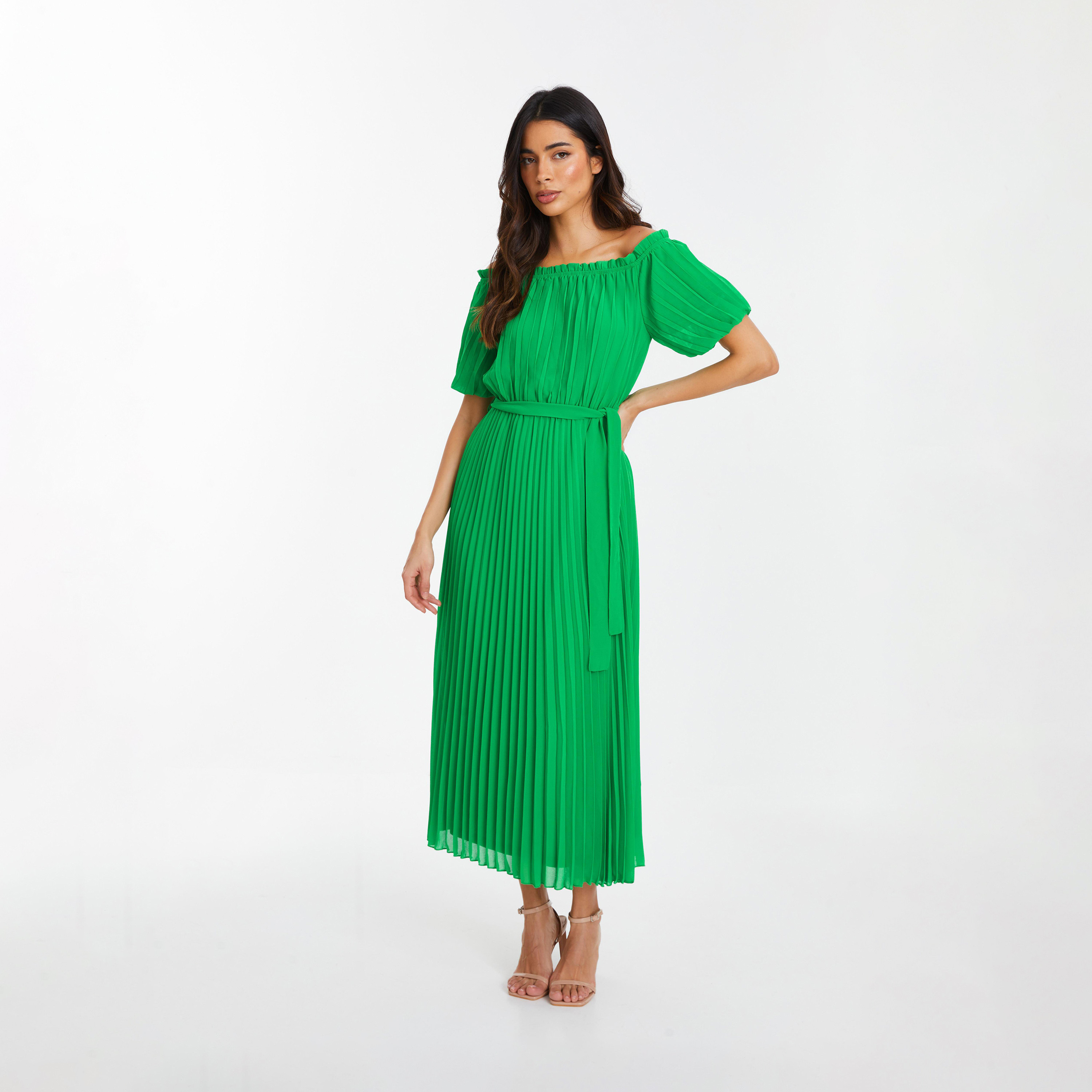 كويز- فستان سهرة متوسط ​​الطول شيفون لون أخضر بطيات وربطة عنق باردو-women-clothing-dresses-image-1