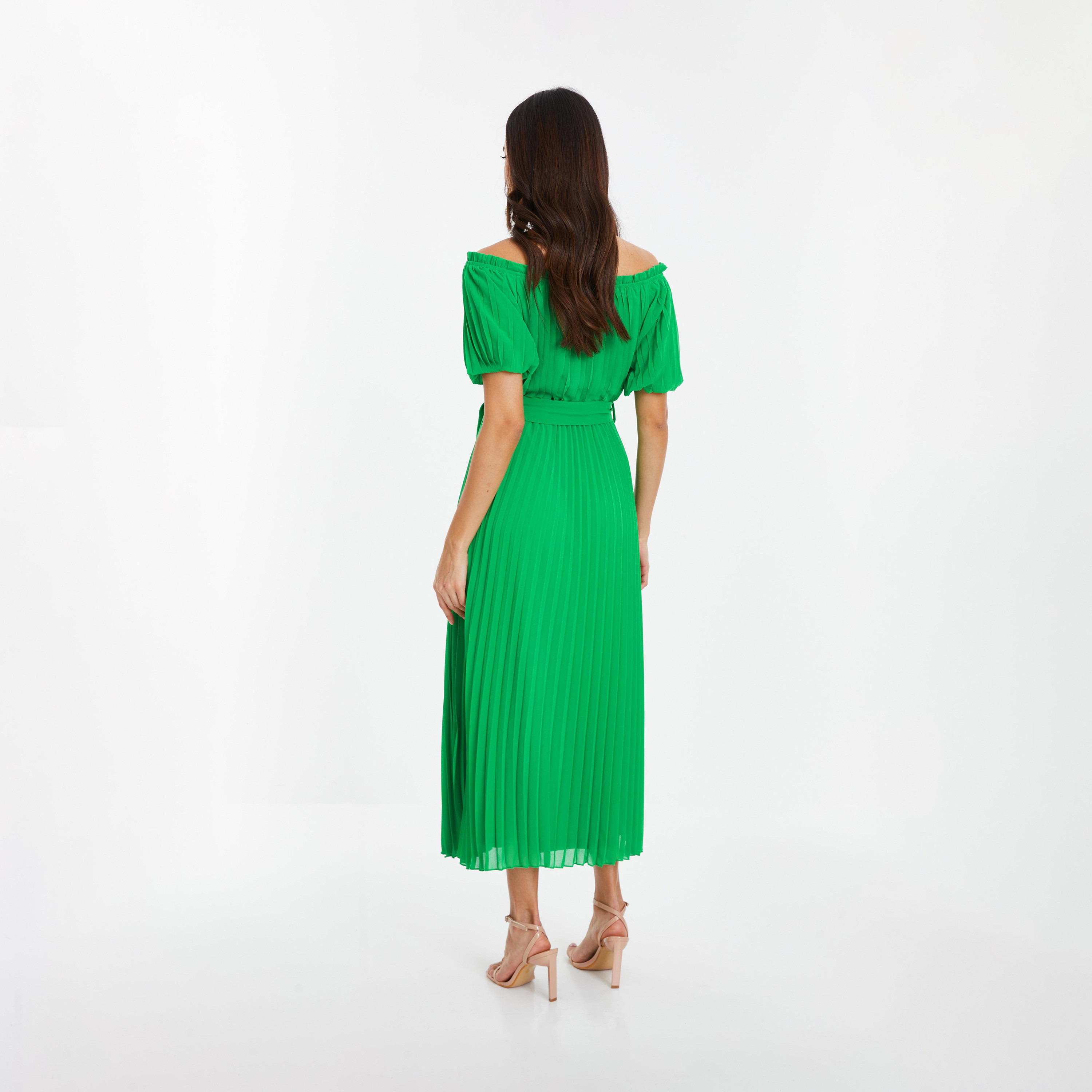 Quiz Green Chiffon Pleated Bardot Tie Belt Evening Midi Dress-women-clothing-dresses-image-2