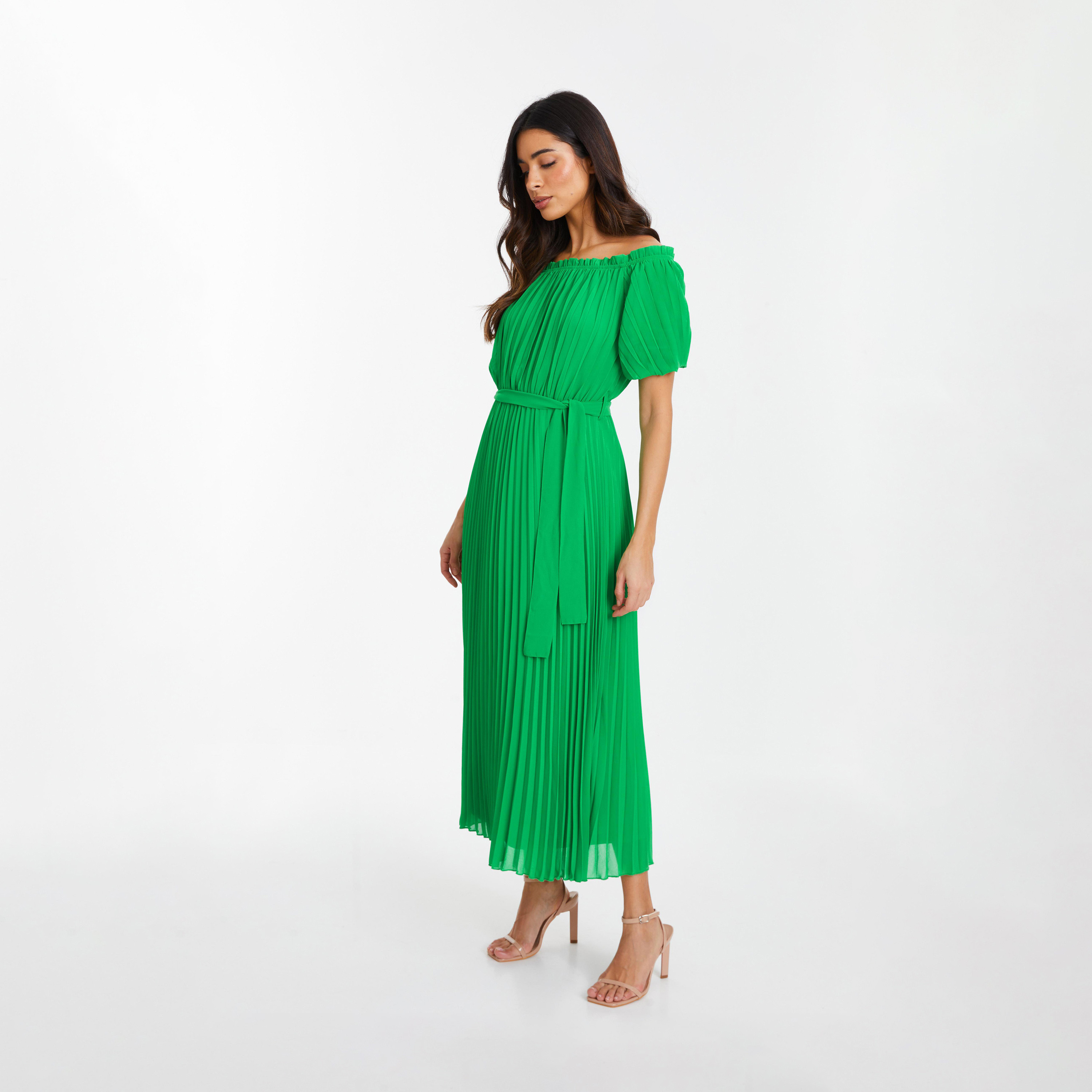 Quiz Green Chiffon Pleated Bardot Tie Belt Evening Midi Dress-women-clothing-dresses-image-3