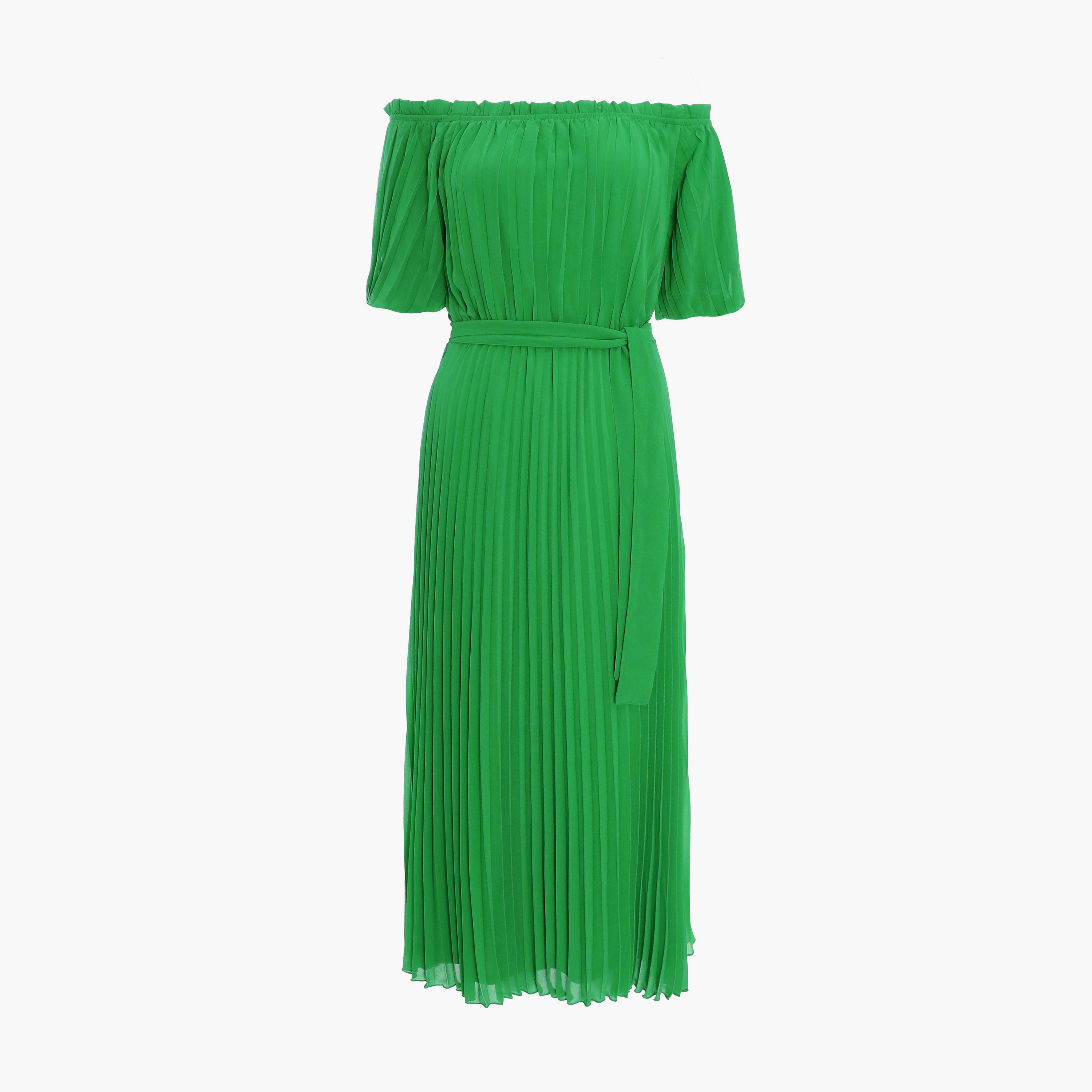 كويز- فستان سهرة متوسط ​​الطول شيفون لون أخضر بطيات وربطة عنق باردو-women-clothing-dresses-image-5