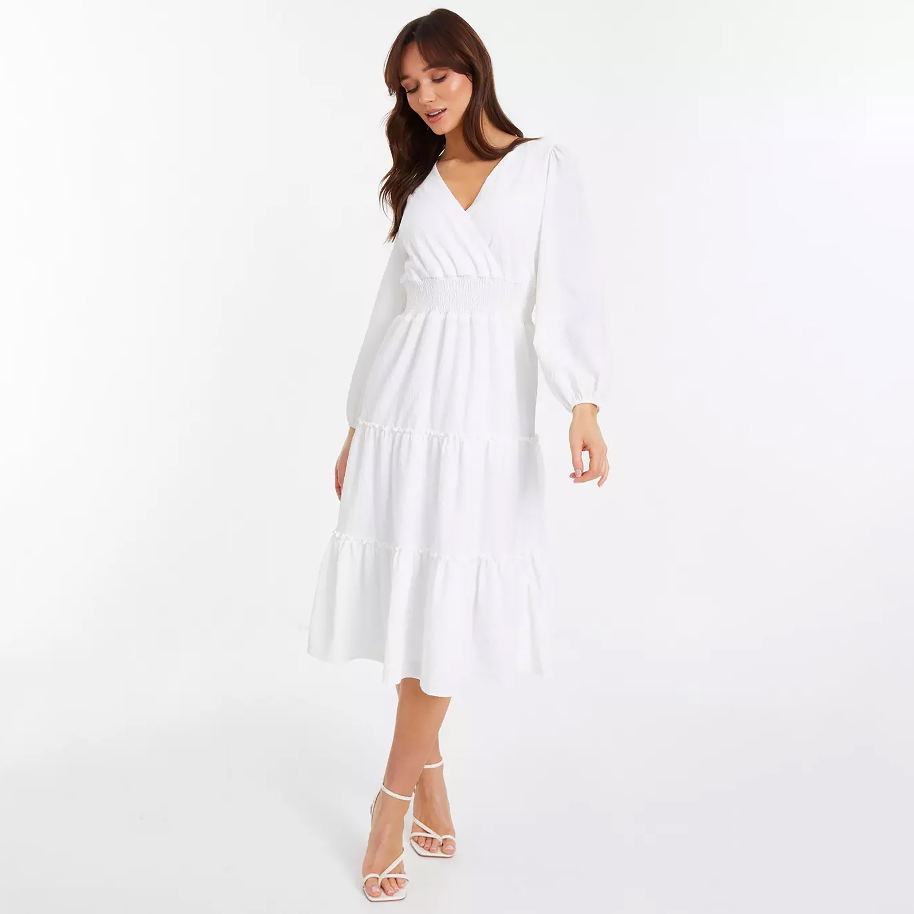 فستان ميدي ذو طبقات تكسثرد وأكمام منتفخة بلون ابیض من كويز-women-clothing-dresses-image-1