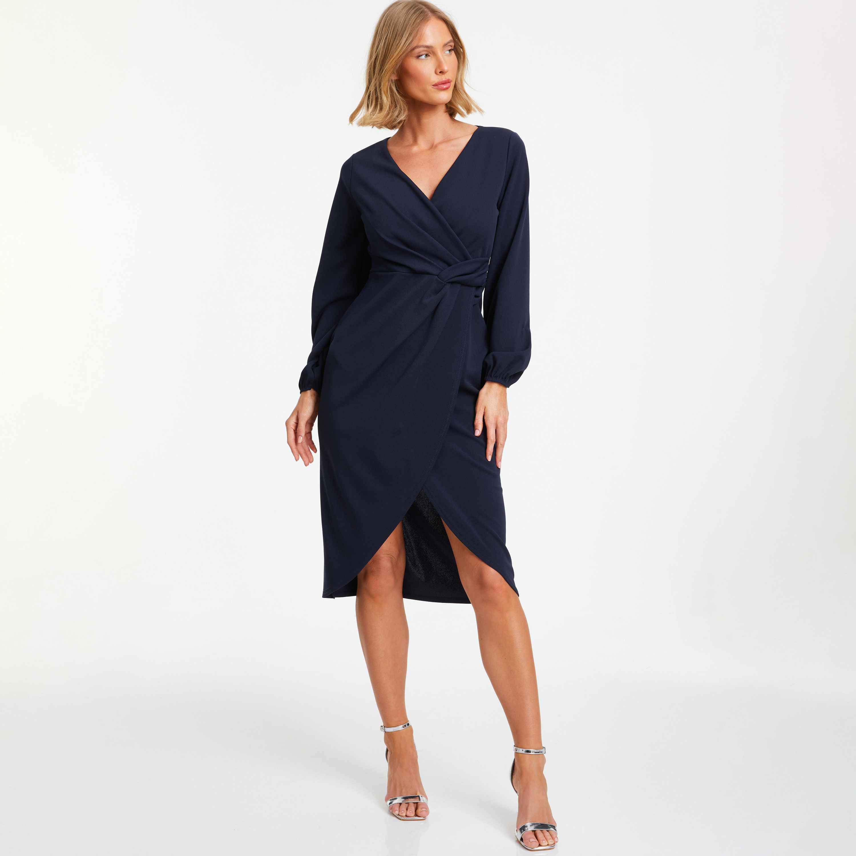 فستان متوسط الطول ملفوف برقبة على شكل فى‎‎ سادة من كويز-women-clothing-dresses-image-1
