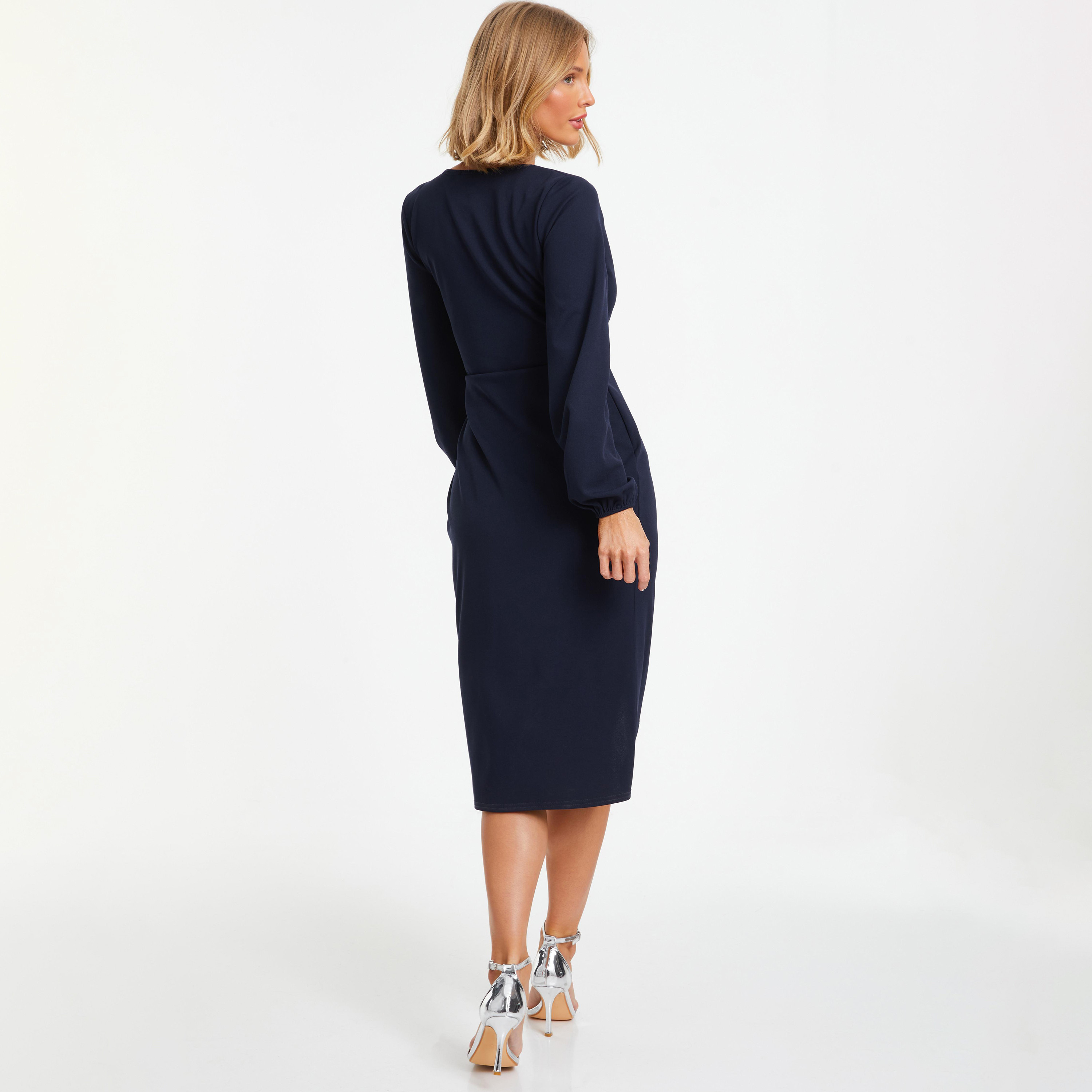 فستان متوسط الطول ملفوف برقبة على شكل فى‎‎ سادة من كويز-women-clothing-dresses-image-4