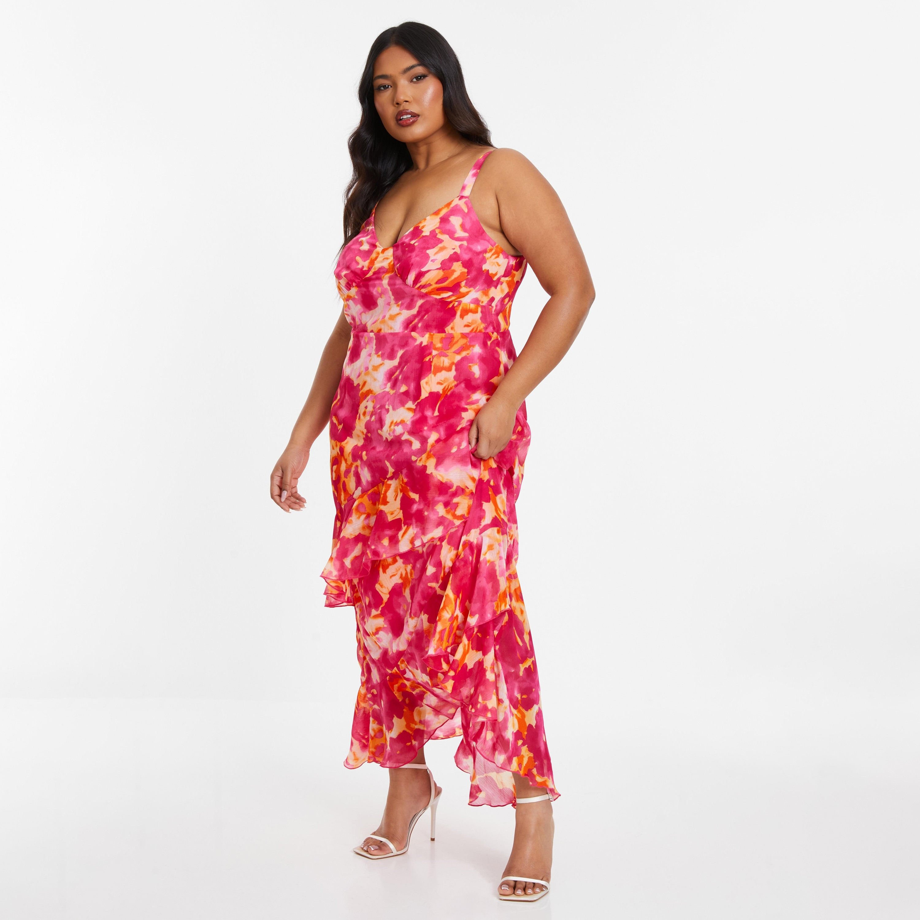 Shop Quiz Curve Pink and Orange Chiffon Cowl Ruffle Maxi Dress