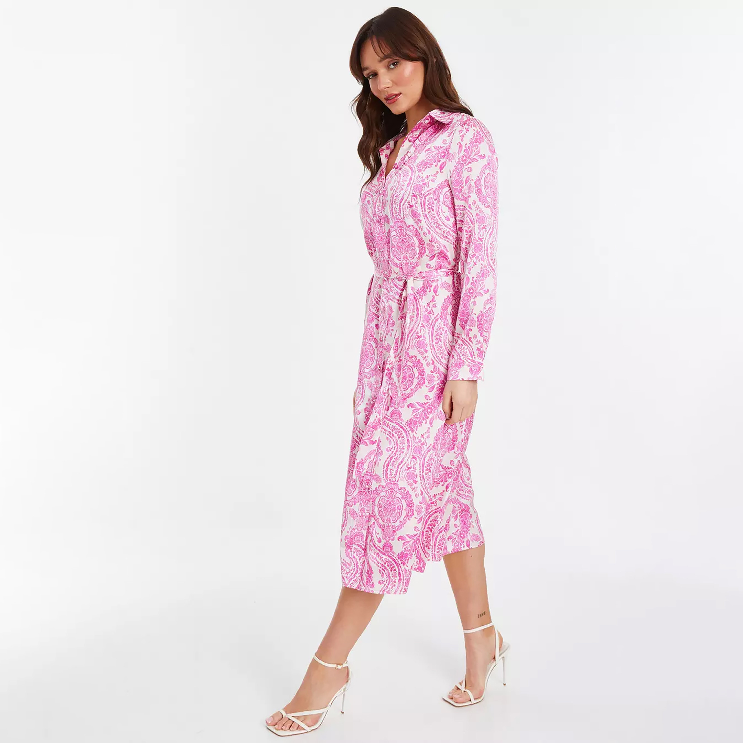 Quiz Pink Ethnic Paisley Midi Shirt Dress in Satin-women-clothing-dresses-image-2