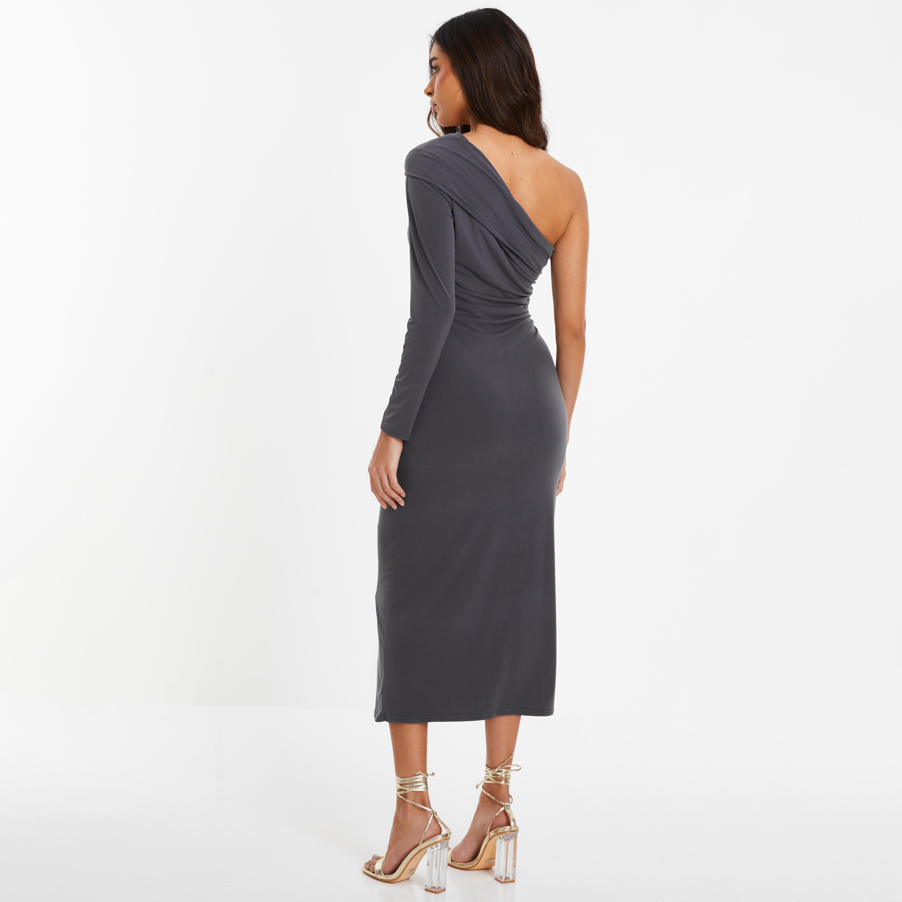 فستان متوسط الطول مع بوديكون بكتف واحد سادة من كويز-women-clothing-dresses-image-4